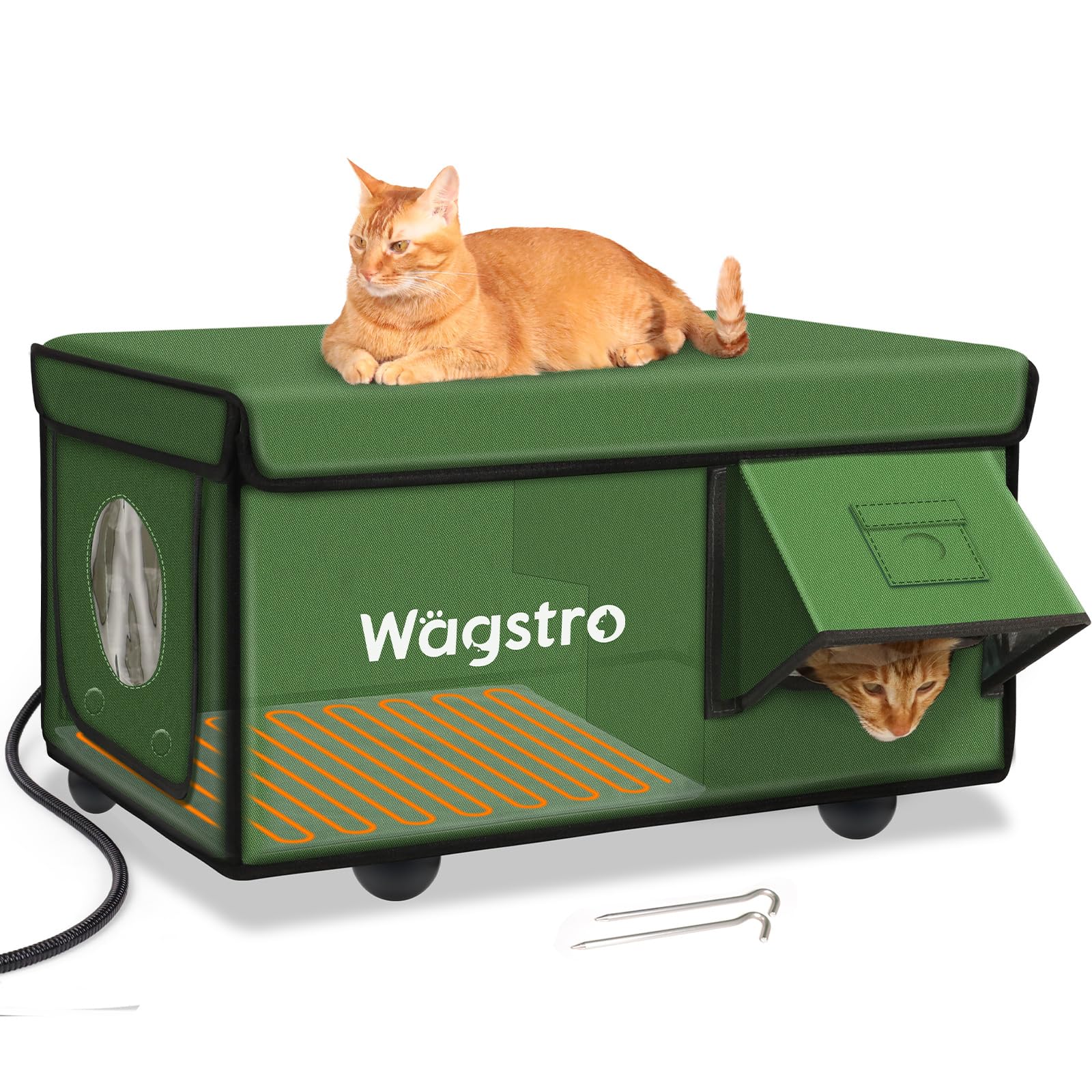 Photo 1 of Heated Cat House for Outside, Waterproof Awning & Escape Door Heated Cat Houses for Indoor/Outdoor Cats in Winter, Elevated & Insulated Outdoor Cat Shelter for Feral Cat(Green, 25.2"x16.5"x12.2")