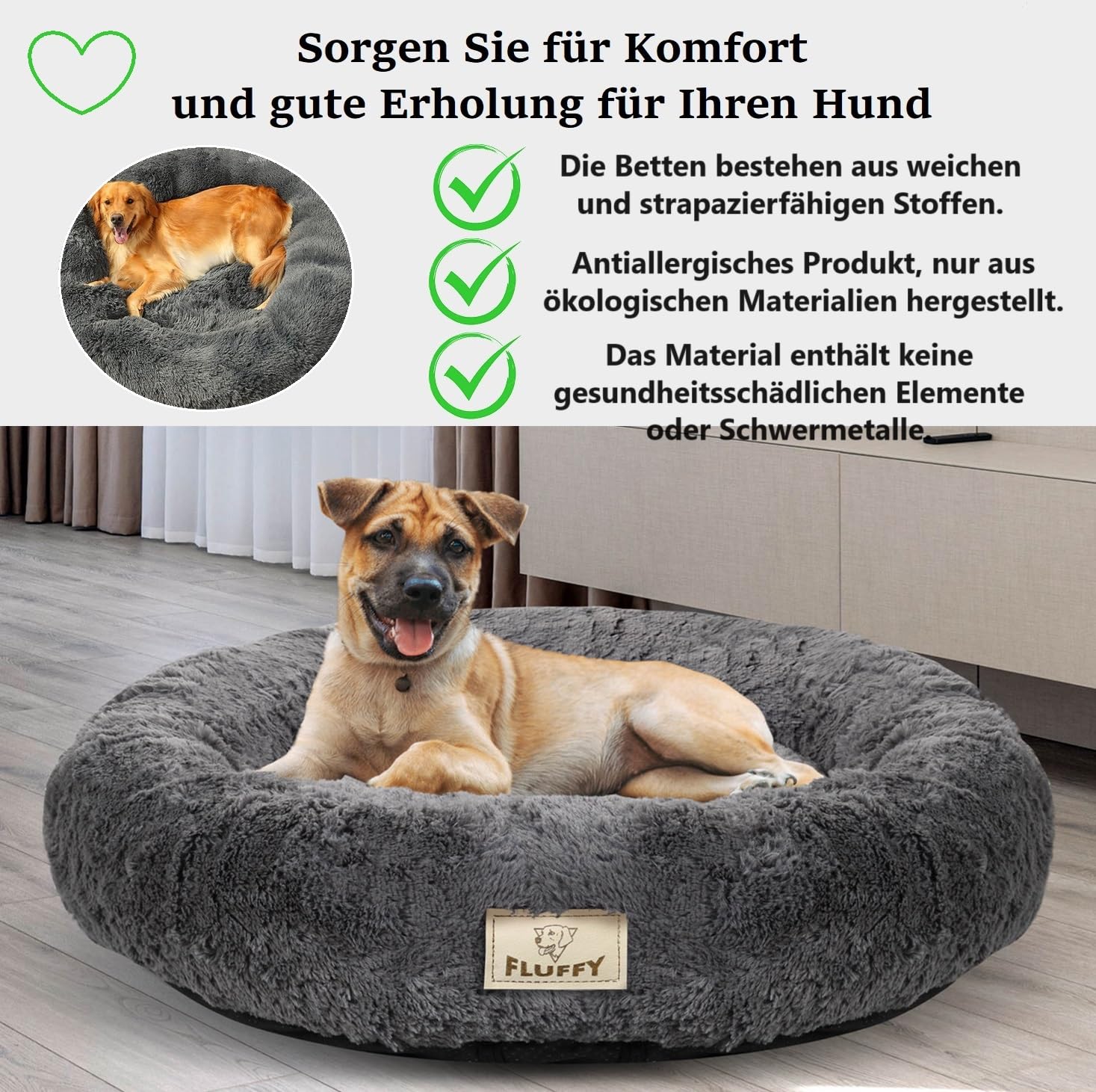 KING DOG Hundebett rundes Kuschelbett M 60 cm weiches Hundekissen mit Plüsch Bezug herausnehmbares Innenkissen Rutschfester Boden waschbar