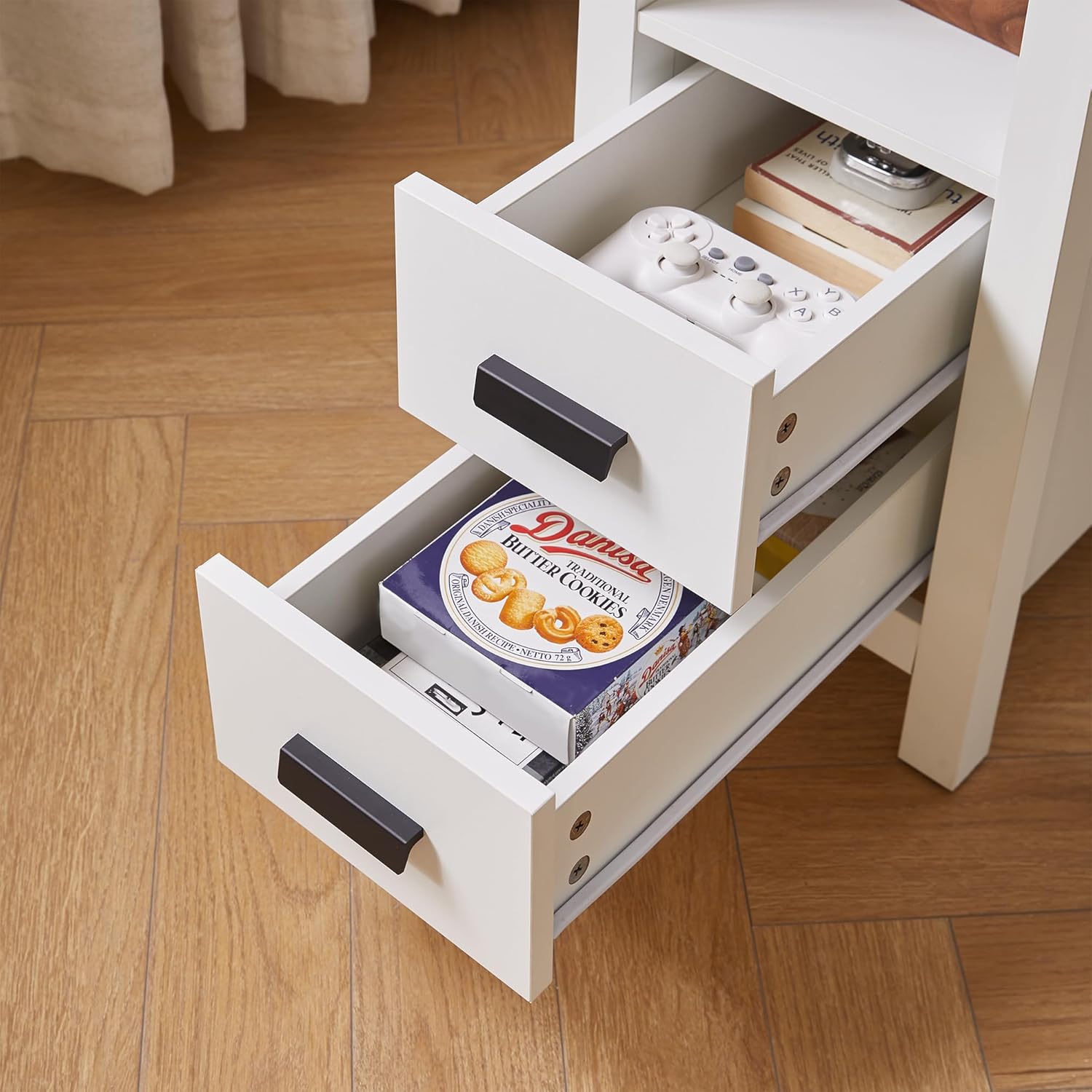 Charging End Table with 2 Storage Drawers, Narrow Side Table with USB Ports & Outlets, Small Bedside Table, Modern Nightstand, Wooden Accent Table for Living Room, Bedroom, White