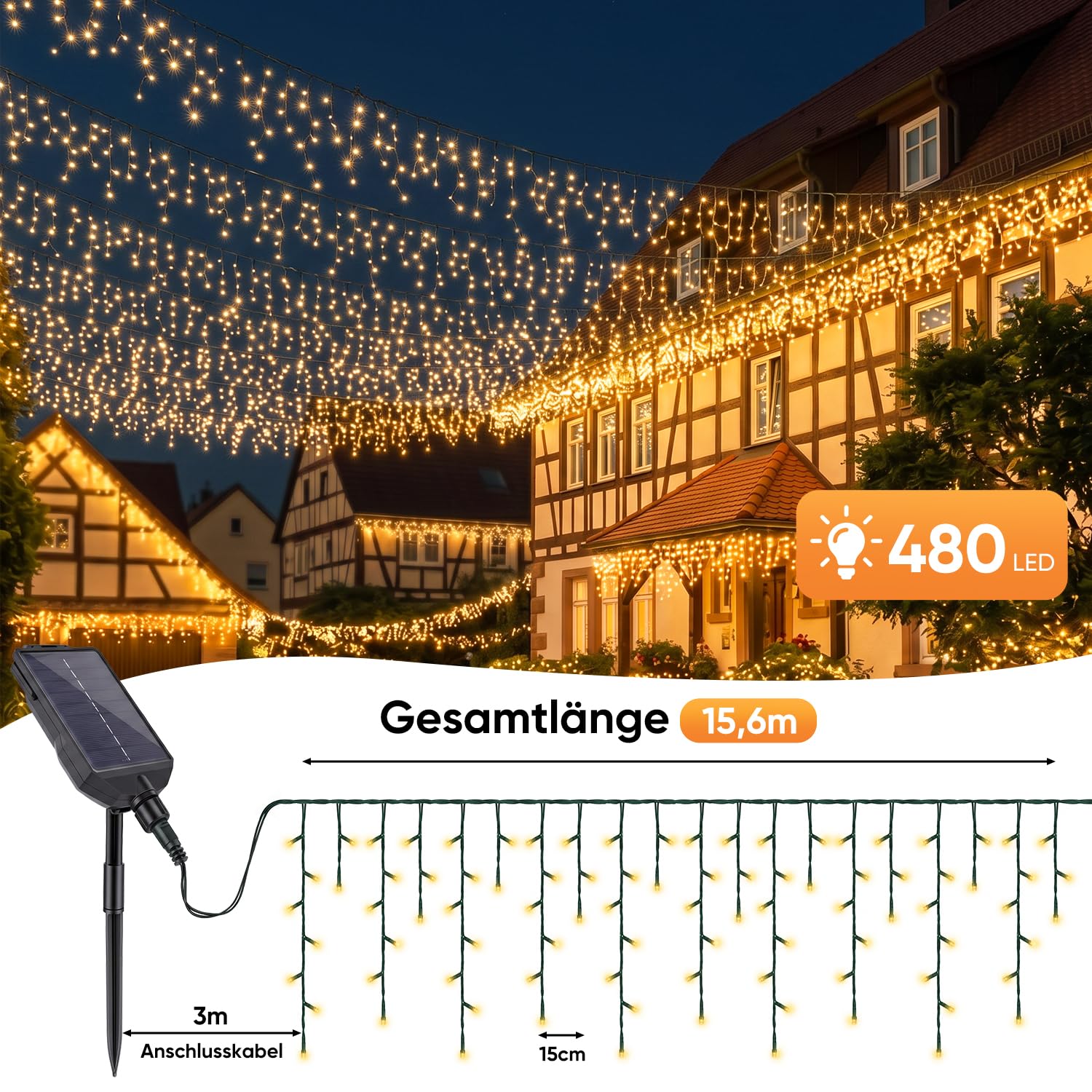 SALCAR Guirlande lumineuse solaire pour extérieur, 15,6 m, 480 LED, 13 modes, résistante aux intempéries, avec télécommande, pour jardin, balcon, décoration, blanc chaud