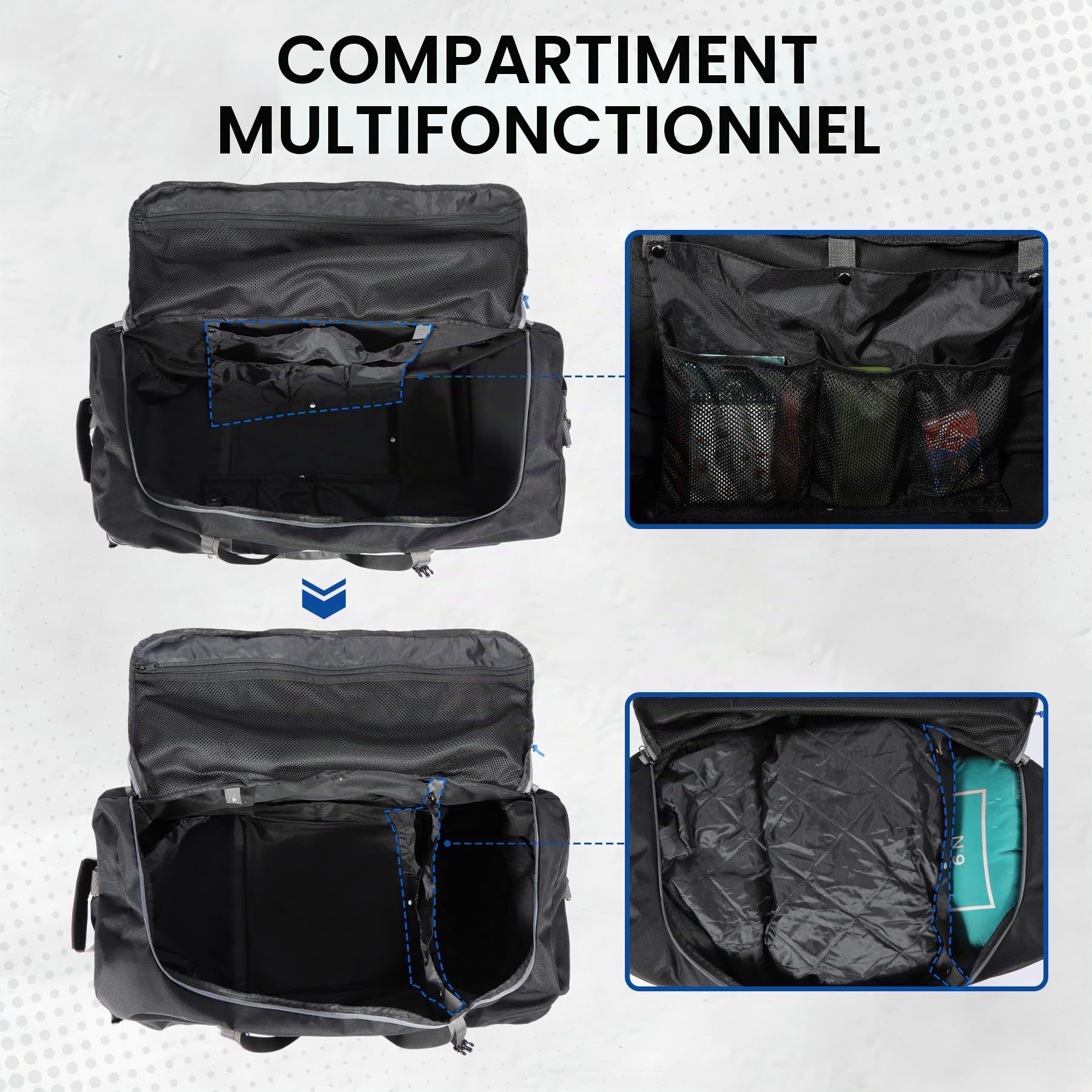 REDCAMP 110-140L Sac de Voyage à roulettes Extensible | Transport Main/Épaule/Traîné | sans Tige Télescopique - Pliable et Compact | Grand Sac Duffle pour Sport, Camping, Randonnée, Voyage - Noir