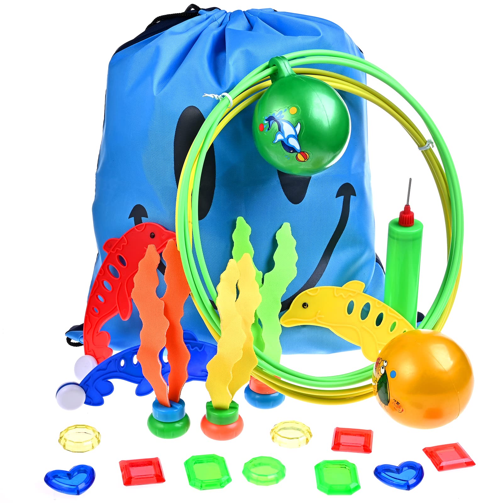 faburo 20Pcs Jouets de Plongée inclure Anneaux de Plongée * 2, Diamant de plongée * 10, Dauphin * 3, Algues * 3, Sac de Rangement * 1, Pompe * 1, Jouets de plongée pour Piscine d'été pour Enfants