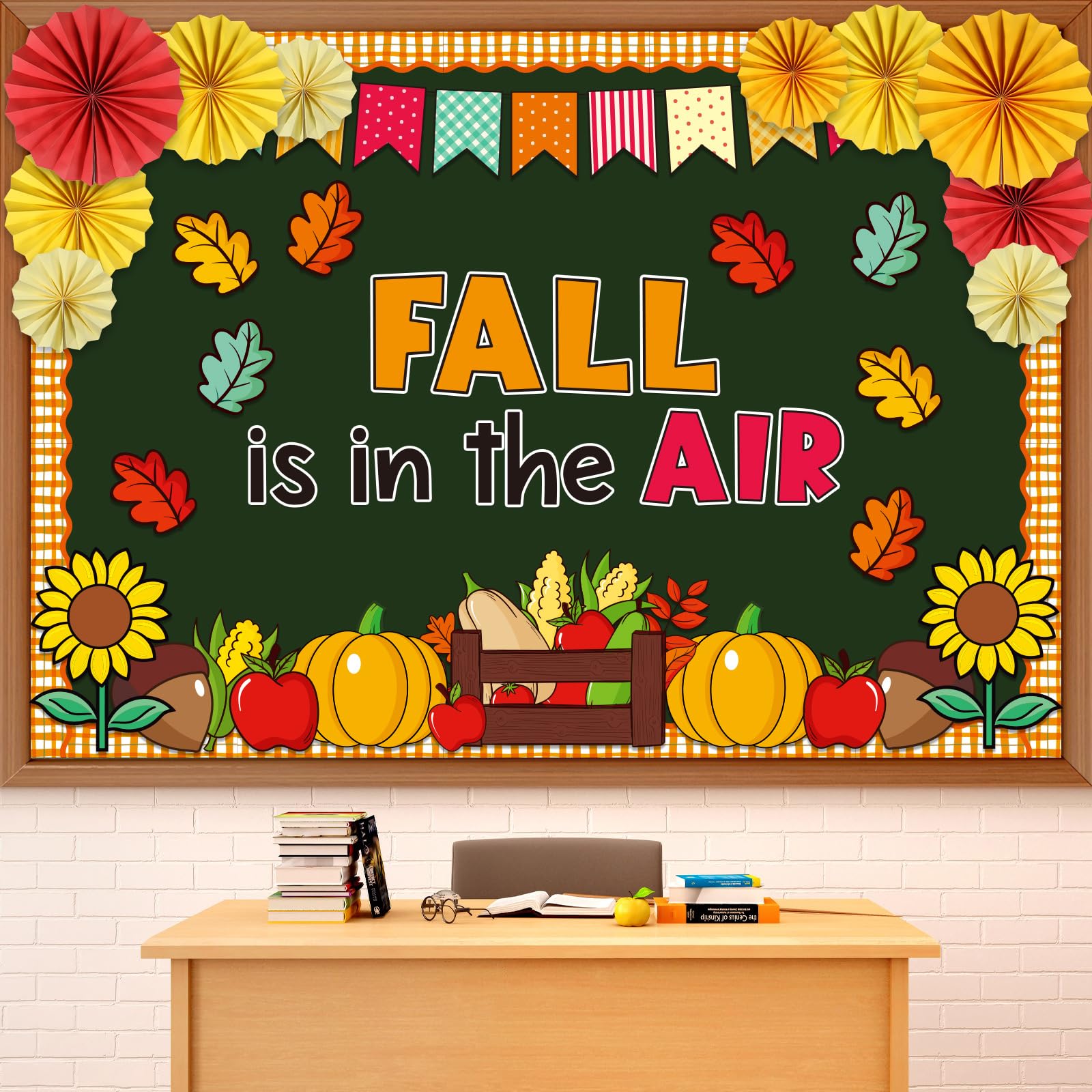 Fall Bulletin Board Set for Classroom Decoration Fall is in The Air Paper Cutouts with 3D Paper Fans Autumn Leaves Pumpkins Bulletin Board for School Office Harvest Thanksgiving Wall Decor