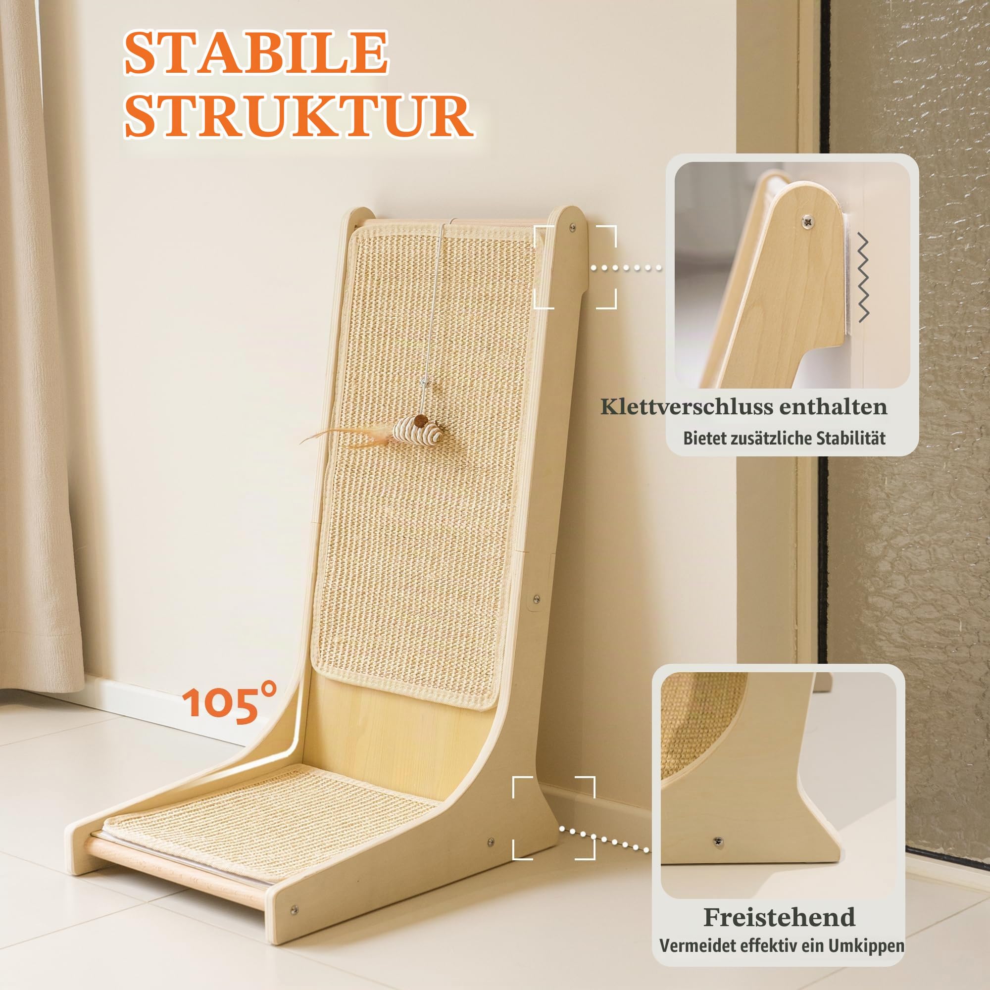 PETKARAY Sisal Kratzbrett Katze, 66 cm L-förmige Kratzbrett, 105° vertikale Kratzfläche, Kratzmöbel mit Katzenspielzeug, Katzenkratzbrett für Wand und Ecke