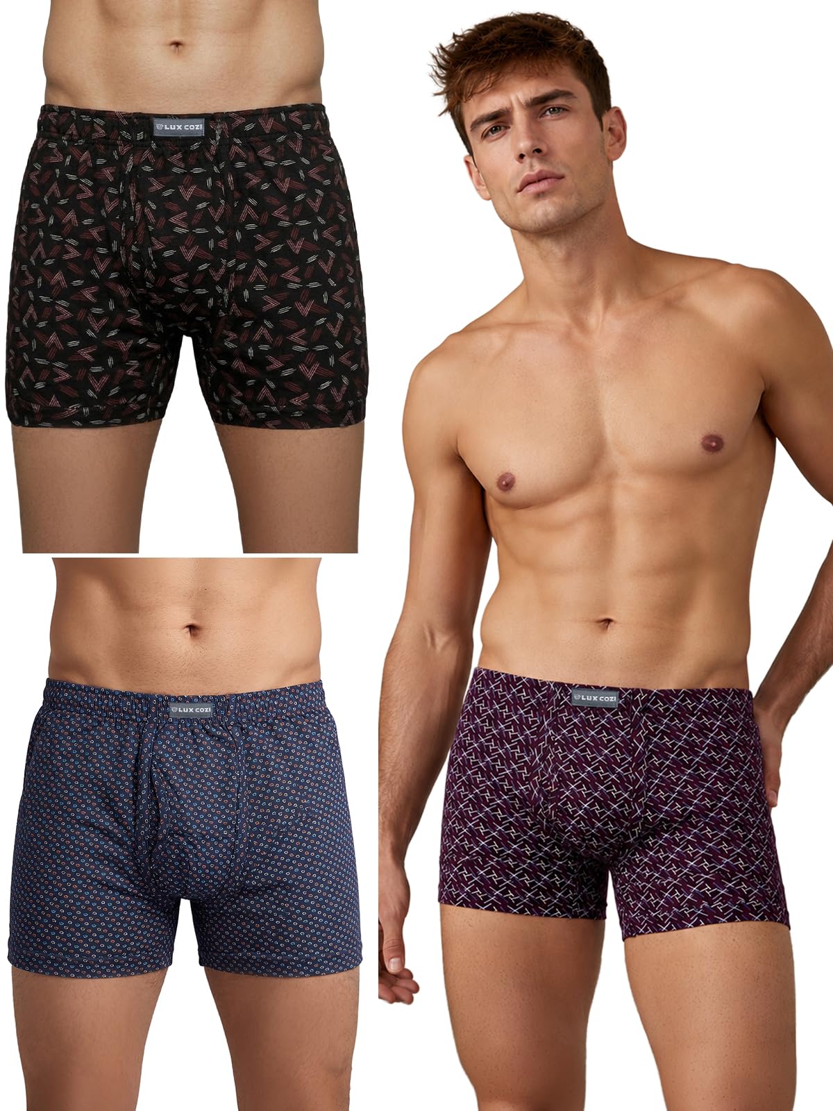 lux cozi Men's Cotton Trunk Printed Inner Elastic Long Color and Print May Vary Pack of 3-picture-26