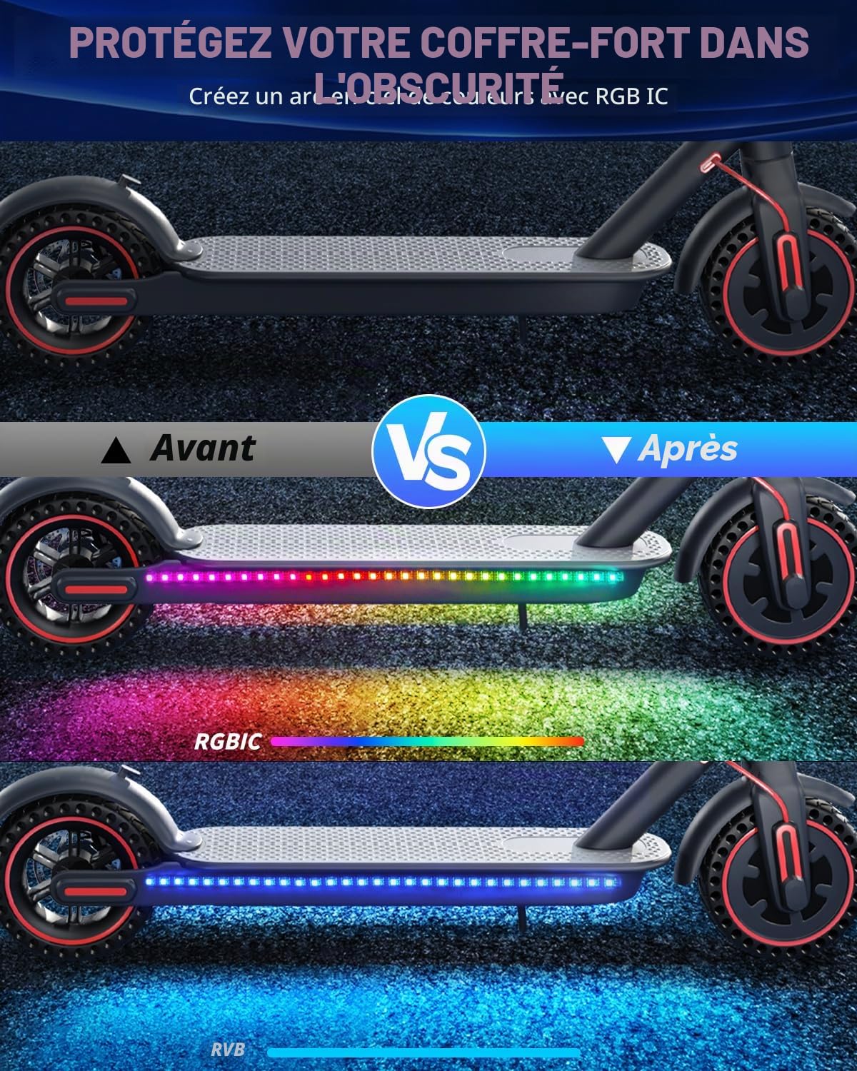 Keiurot Bande Lumineuse LED pour Scooter, Lumières LED pour Conduite Nocturne sur Skateboard Lumières de Scooter Contrôle APP Couleur Électrique Étanche Accessoires pour Scooter 2 en 1