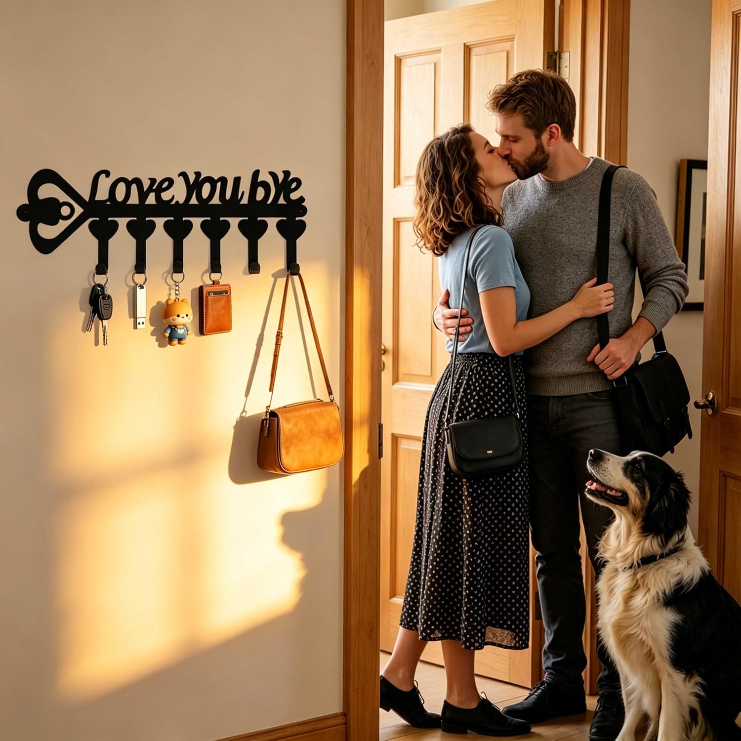 Black Metal Rustic Love You Bye Wall Mount Holder with 6 Hooks, Small Organizer for Hanging Hat Coat Belt Scarf, Cute Wall Rack for Entryway Hallway Bathroom Living Room Home Office Decor