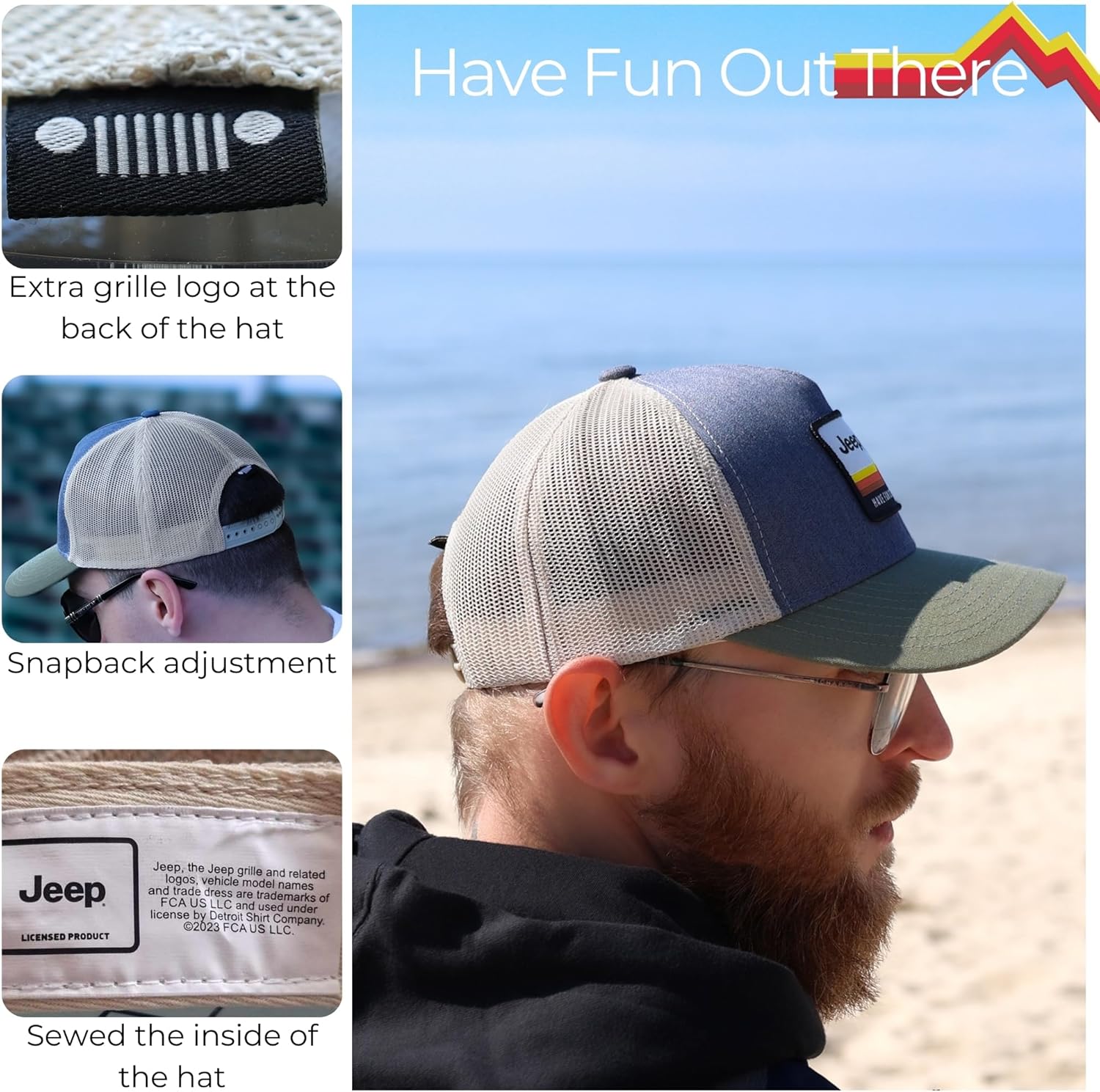 Jeep Have Fun Out There Trucker Snapback Patch Hat Grey/Army Green/Cream - Image 3