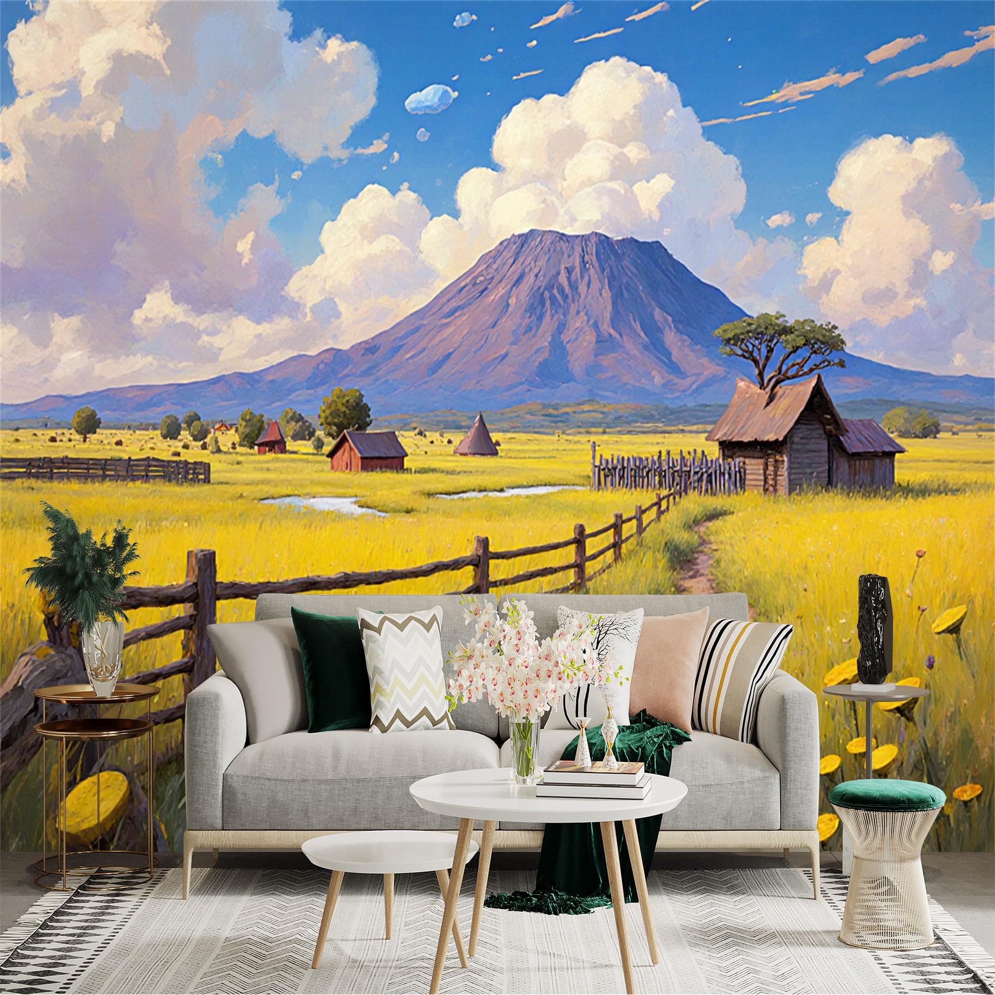 Lnzczhyre Xc260505816 Custom Size Wall Sticker Mural， Pastoral Landscape With Mountain， Rural Farmhouse And Golden Wheat Field， Vibrant Meadow Scenery， For Wall Decoration， Peelandstick Wall Decals.