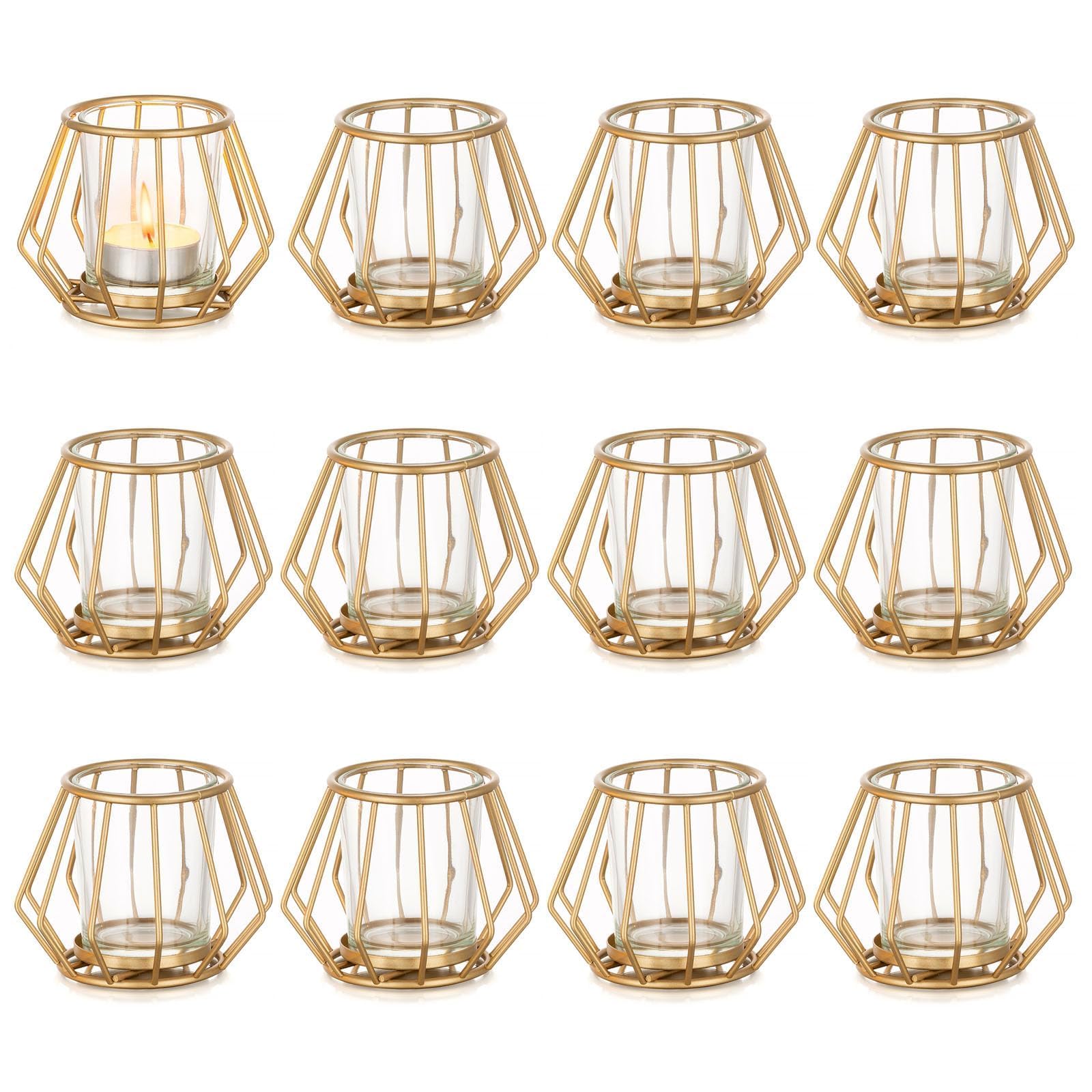 Lot de 12 photophores géométriques en métal pour table de mariage avec verres pour café, décoration de chambre, fête de mariage, anniversaire, doré