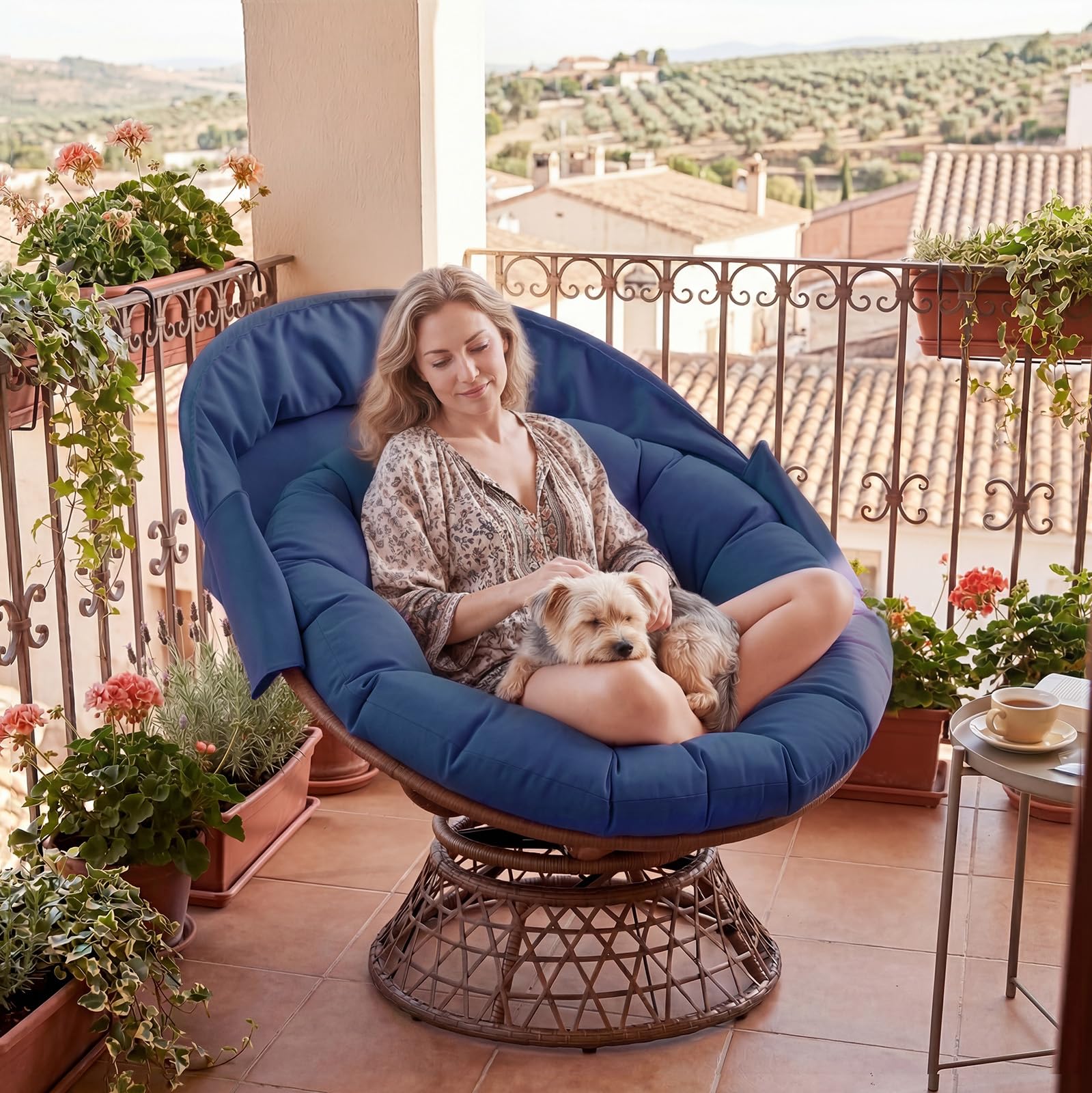 COMHOMA Poltrona da papasan, comoda poltrona girevole con cuscino rotondo, comoda poltrona in rattan, girevole, in vimini, per soggiorno, angolo lettura, lounge – blu