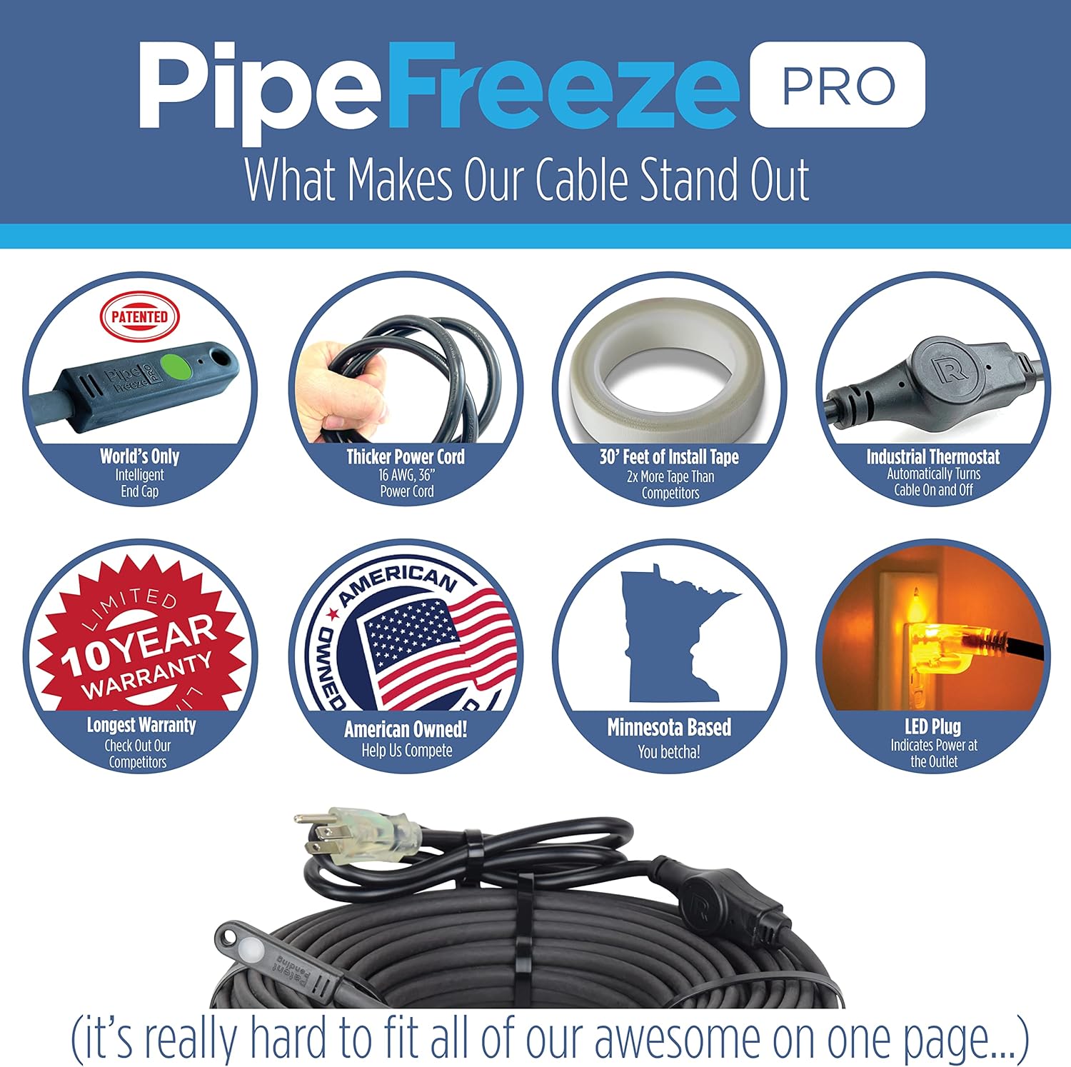 RADIANT SOLUTIONS Intelligent Heat Tape for Water Pipe Freeze Protection - With GlowCap™, Built-in Thermostat, Installation Tape Included, 10 YR Warranty, Heavy-Duty, Self-Regulating, 120V (30 Ft) : Automotive