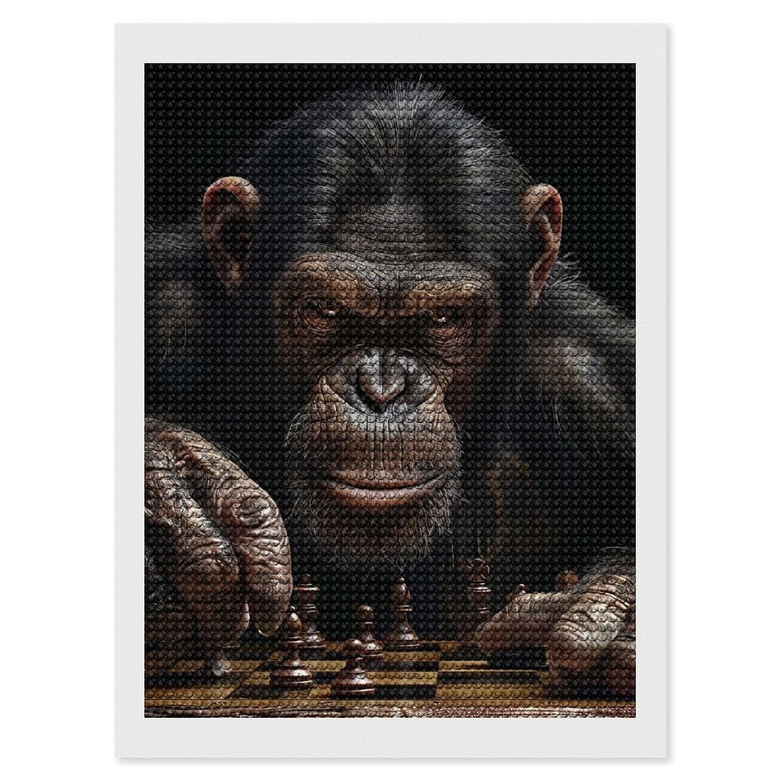 Junmoney Chimpanzee Chess Diamond Art Kit 12"x16", Creative Leisure Activity, Complete Accessories, Vintage Style Decor, for Women