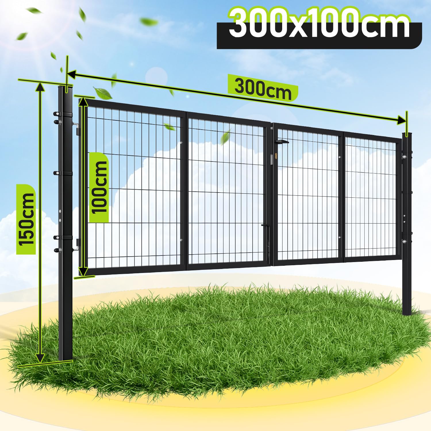 Cancello da giardino in metallo, porta a doppio battente, 300x100 cm, tubo quadrato, per giardino anteriore/terrazzo, per recinzione a doppio filo (Antracite).
