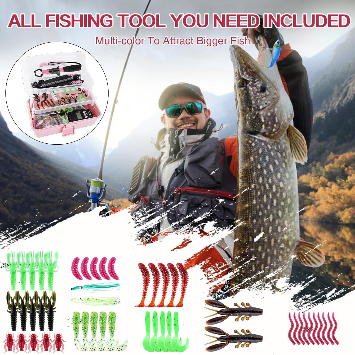 Scatola per attrezzatura da pesca a 3 strati con attrezzatura inclusa, kit di attrezzi da pesca include pinze per labbro di pesce, bilancia Crankbait Spinnerbaits Soft Baits Hooks, regalo ideale per