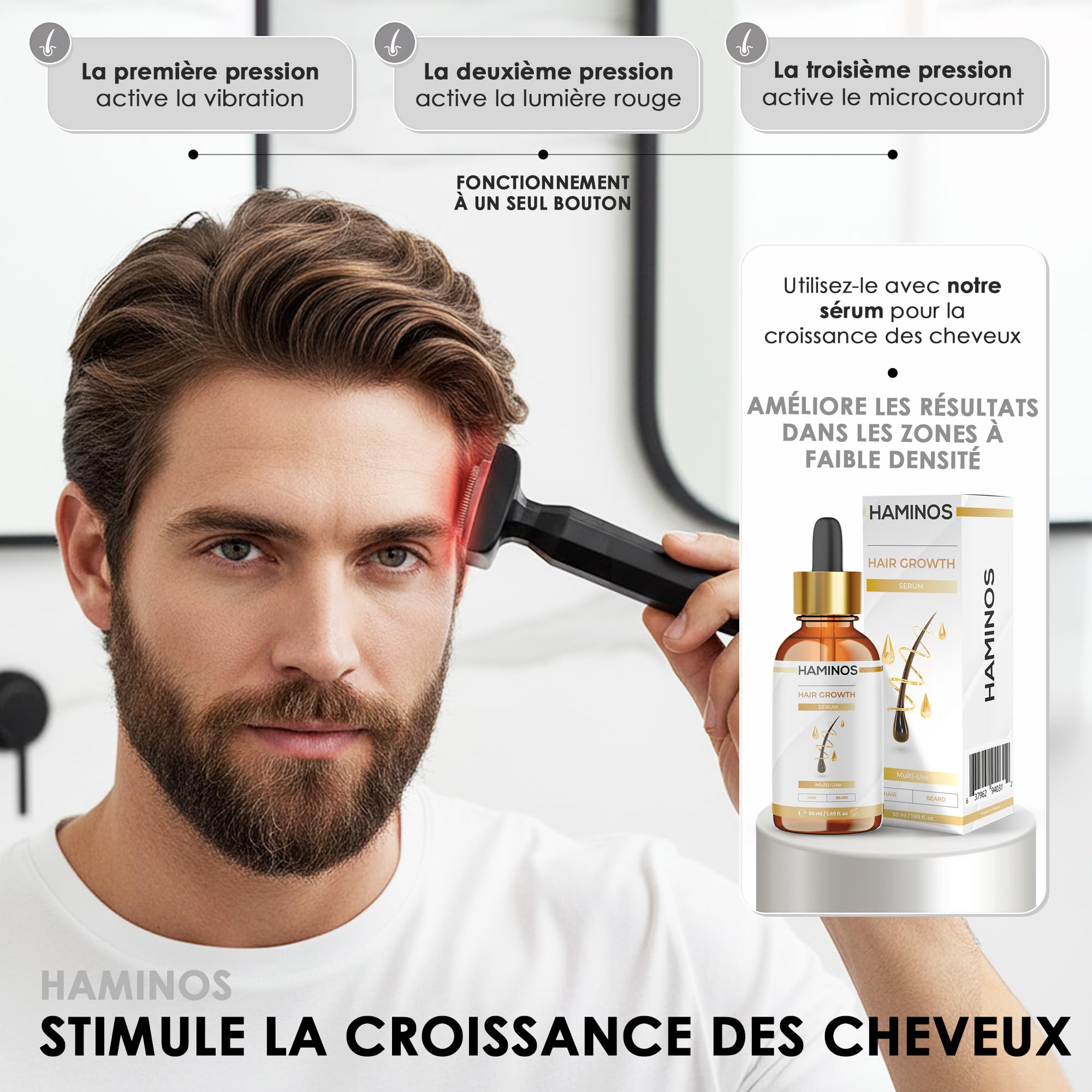 Derma Stamp 0,25 mm pour Cuir Chevelu et Peau, Appareil Microneedling 4 en 1 avec 2 Têtes d’Aiguilles, Lumière Rouge, Microcourant, Vibration, Recharge USB-C