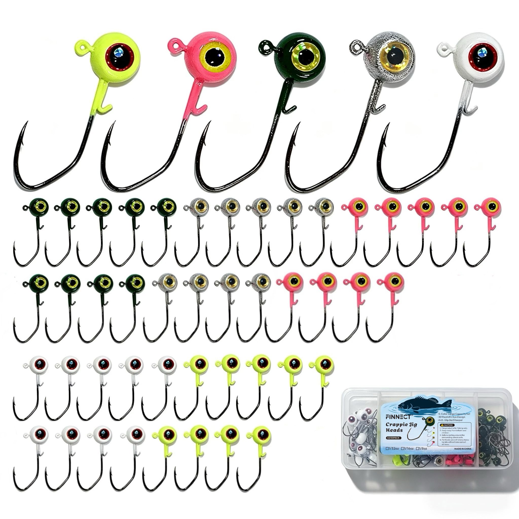 Crappie Jig Heads Kit, 45/50-Pack, 1/32oz, 1/16oz, 1/8oz, 5 Colors Fishing Jigs for Bass, Walleye, Panfish Freshwater Fishing