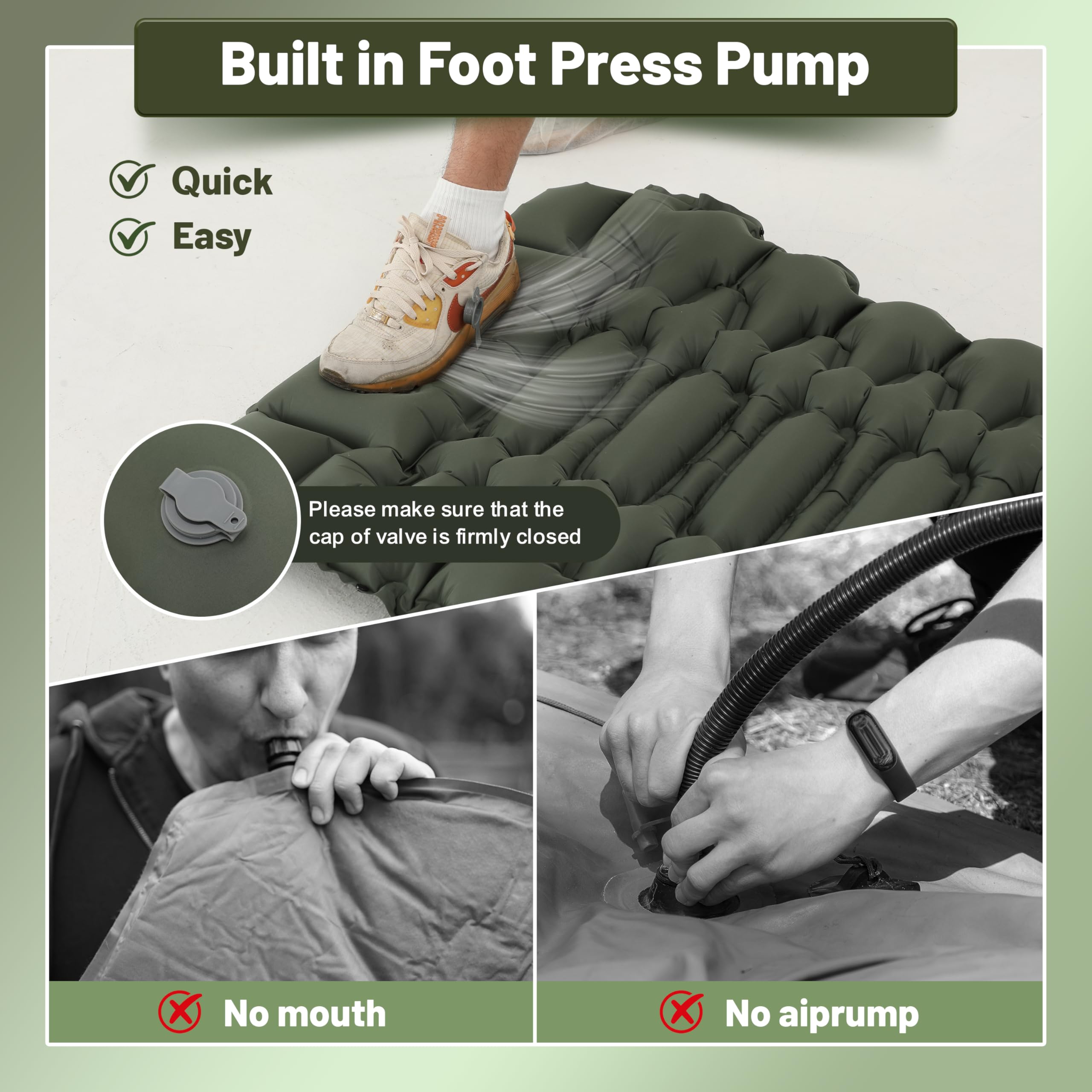 Materassino autogonfiabile, da campeggio, ultraleggero, gonfiabile, con pompa a pressione e cuscino, impermeabile, per escursioni, tenda, spiaggia (verde)