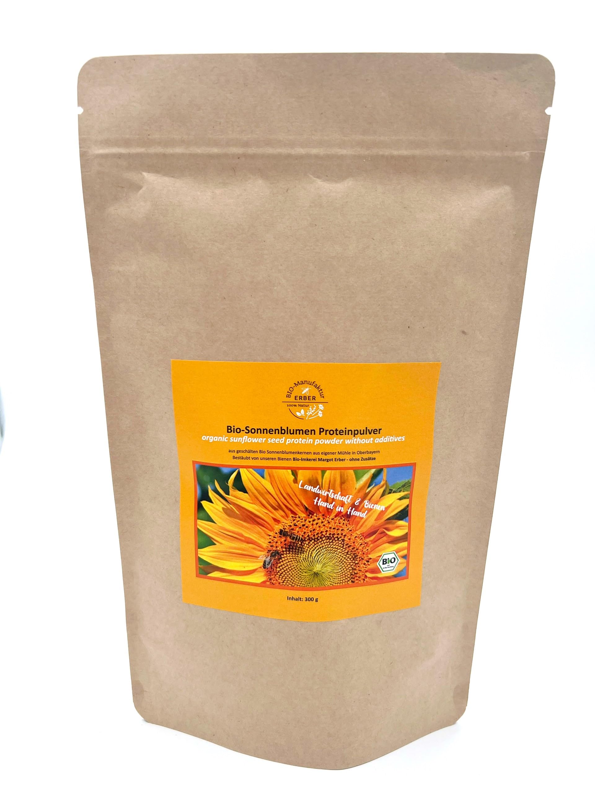 Polvo de proteína orgánica de girasol 300 g – 100% pura proteína de girasol de Alemania/Alta Baviera, sin aditivos, fuente de proteína vegana, bolsa con cierre