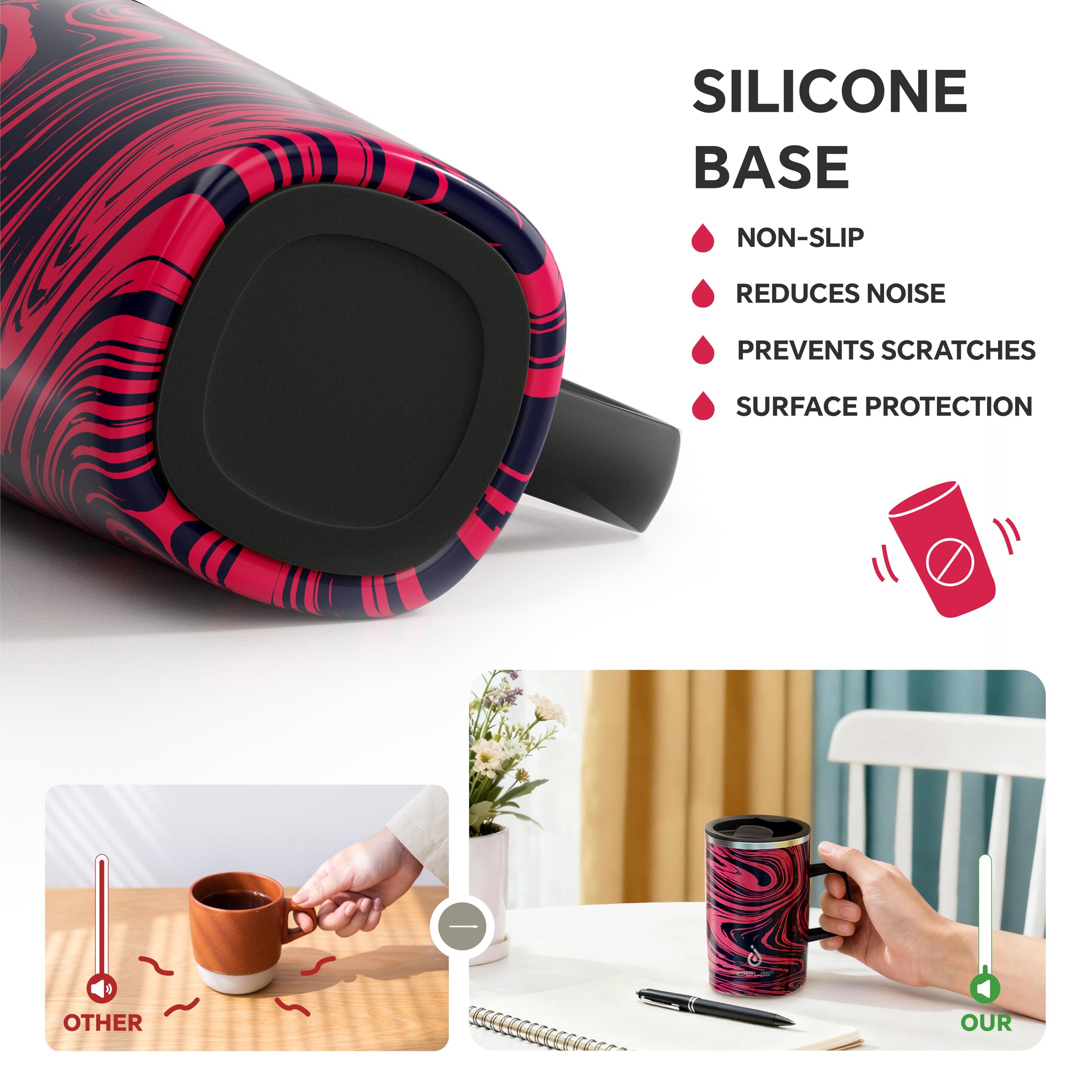 Ideus Tazza da caffè isolata sottovuoto, 473 ml, riutilizzabile, in acciaio inox, a doppia parete, con manico e coperchio scorrevole, per bevande calde e fredde, senza BPA (zebrata rossa)