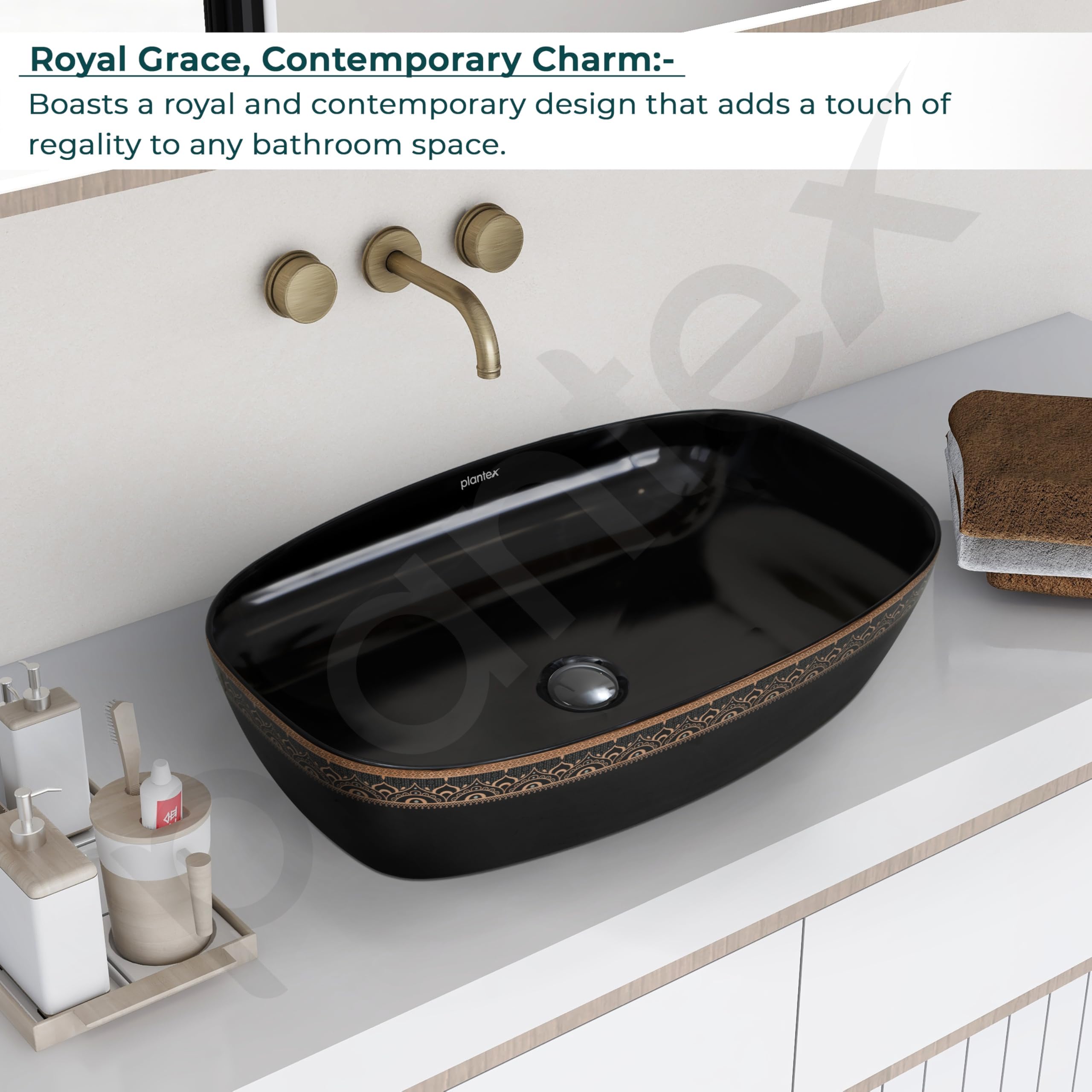 Plantex Ceramic Table Top Washbasin For Bathroom/Hand Wash Sink/Rectangle Countertop Vessel Sink Basin For Home/Office/Hotel (Black - 23.5 X 15 X 5 Inch)