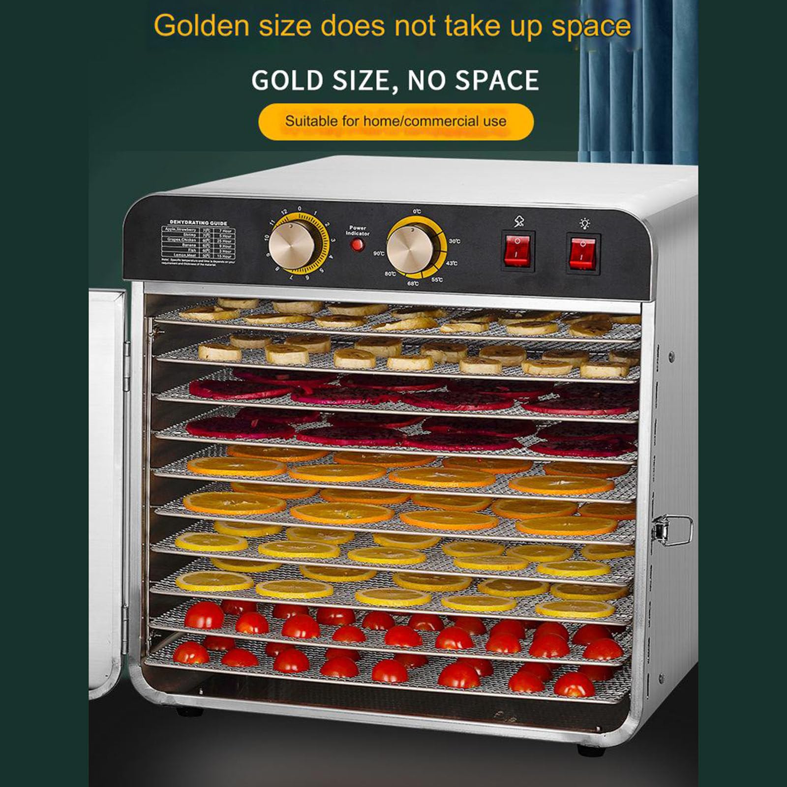 Secador de frutas y verduras de 12 capas de acero inoxidable, iluminación LED, ajuste de tiempo/temperatura, secador de deshidratación de alimentos para el hogar