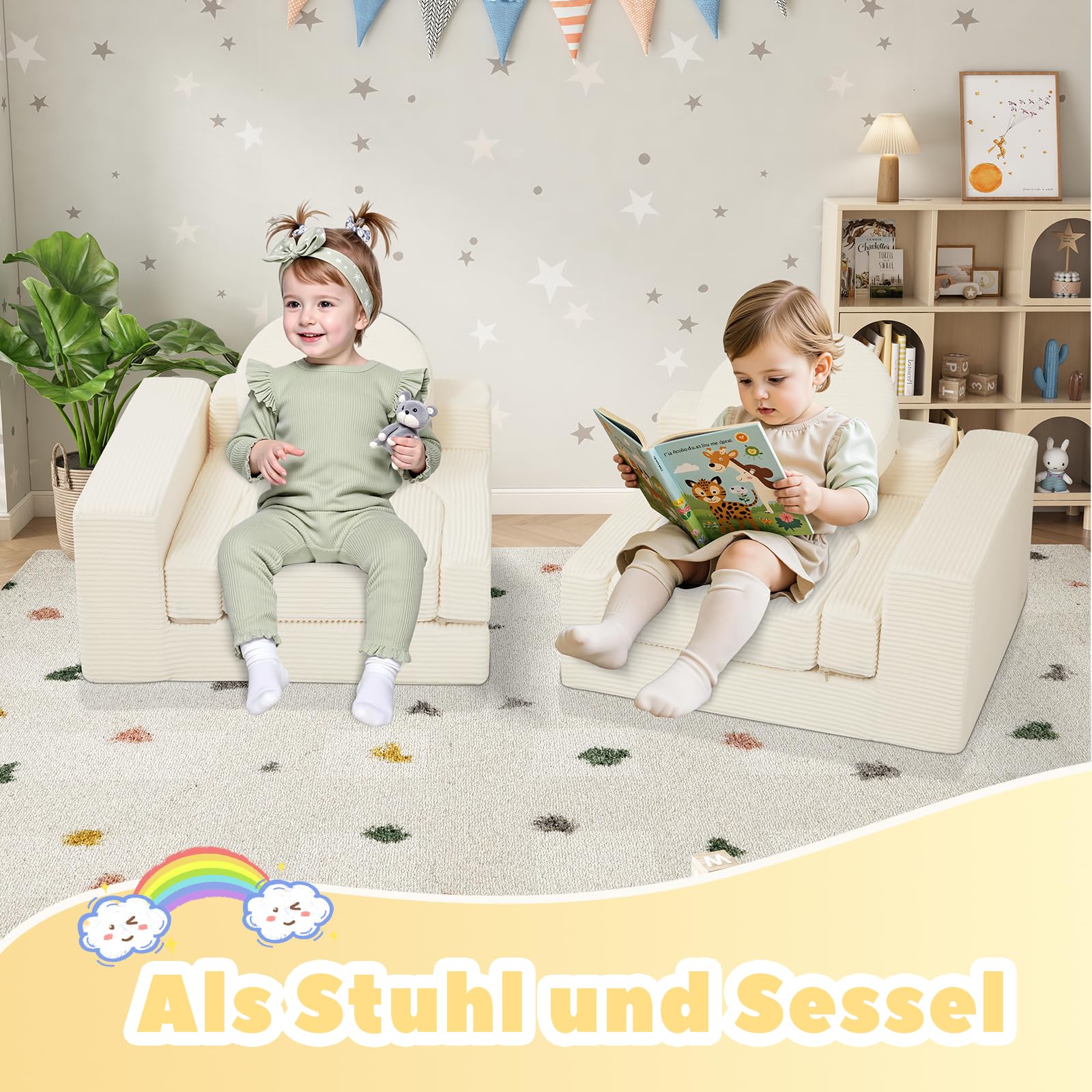 MeMoreCool Modulsofa 8-teilig Cord – Weiche Schaumstoff-Sitzlandschaft für Kinderzimmer & Wohnzimmer Flexibel anpassbar | Waschbare Bezüge | Kindersicheres Lounge-Sofa für Spielen & Entspannen, Beige