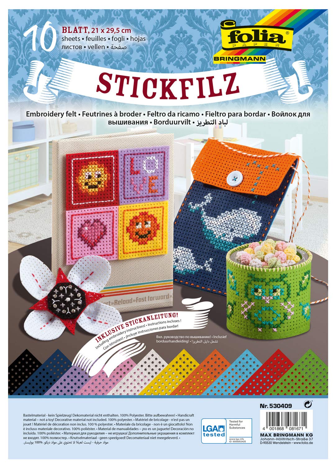 folia 530409 Embroidery Felt, 10 Sheets, 21 x 29.5 cm, Includes Embroidery Instructions