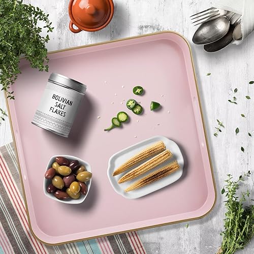 Miniatura 7 de Omuriko Bandeja decorativa cuadrada rosa con asas, bandeja versátil de 13 x 13 pulgadas para mesa de café, otomana, ideal para servir, exhibir y