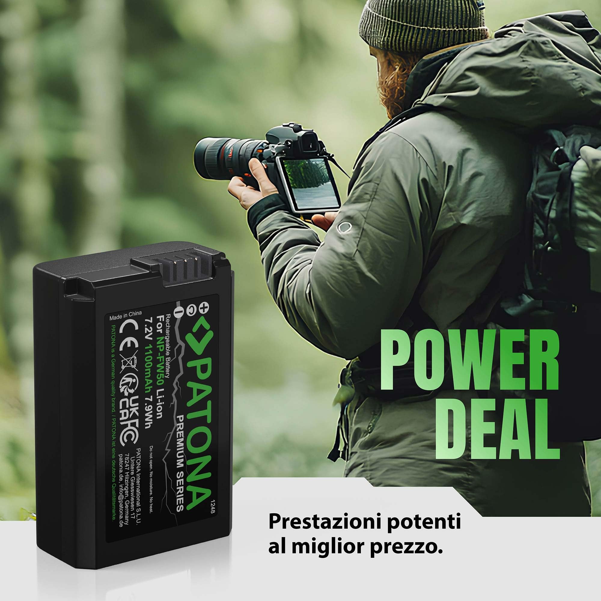 PATONA PREMIUM Batteria NP-FW50 1100mAh / 7,2V / 7,9Wh compatibile con Sony Alpha 7 A7 A7S A7R A7II A6000 A6300 A6400 A6500 RX1R III DSC-RX1RM3 DSC RX10 Mark II III IV NEX-3 NEX-5 NEX-6 NPFW50