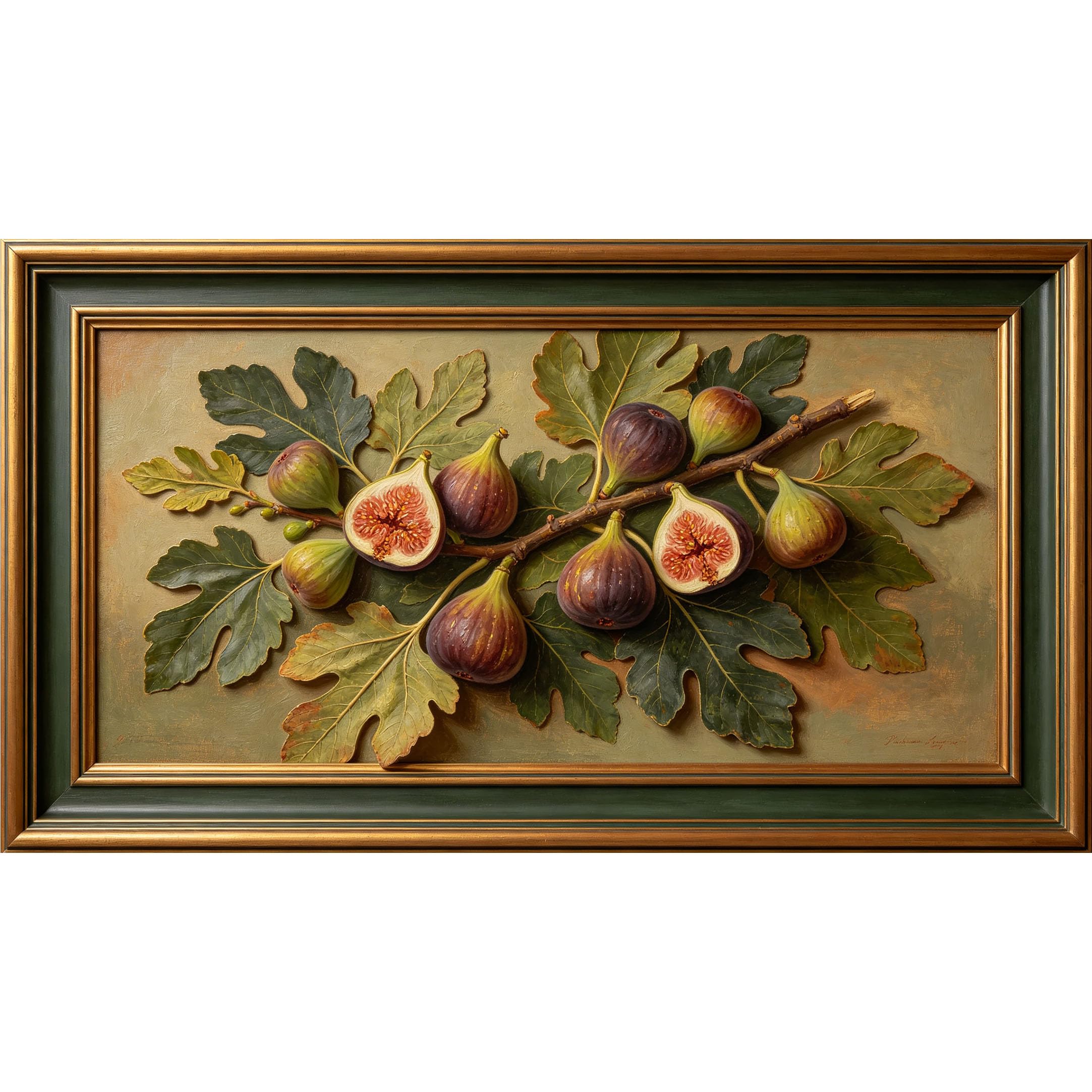 QZLITHOTIC 50x90cm3D Framed Wall Art， Botanical Fig Branch Textured Oil Painting Self‑Adhesive Mural， Water‑Activated Peel & Stick Fabric Decor Wall Decal for Bedroom Living Room