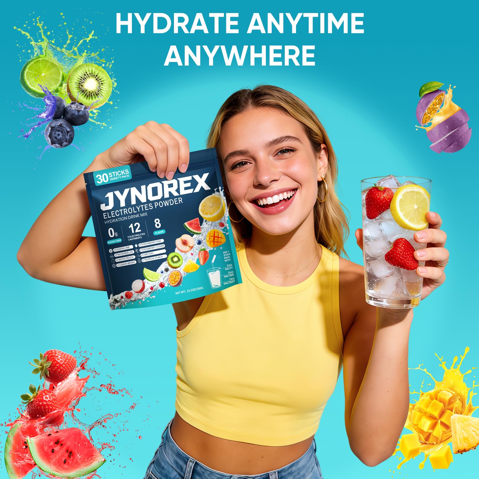 Electrolytes Powder Packets Sugar Free, 30 Sticks High Sodium Hydration Packets, Electrolyte Drink Mix with Lemon Lime Watermelon Peach Berry Kiwi Tropical Punch Lychee Cranberry, 10.5OZ — Amazon image 7