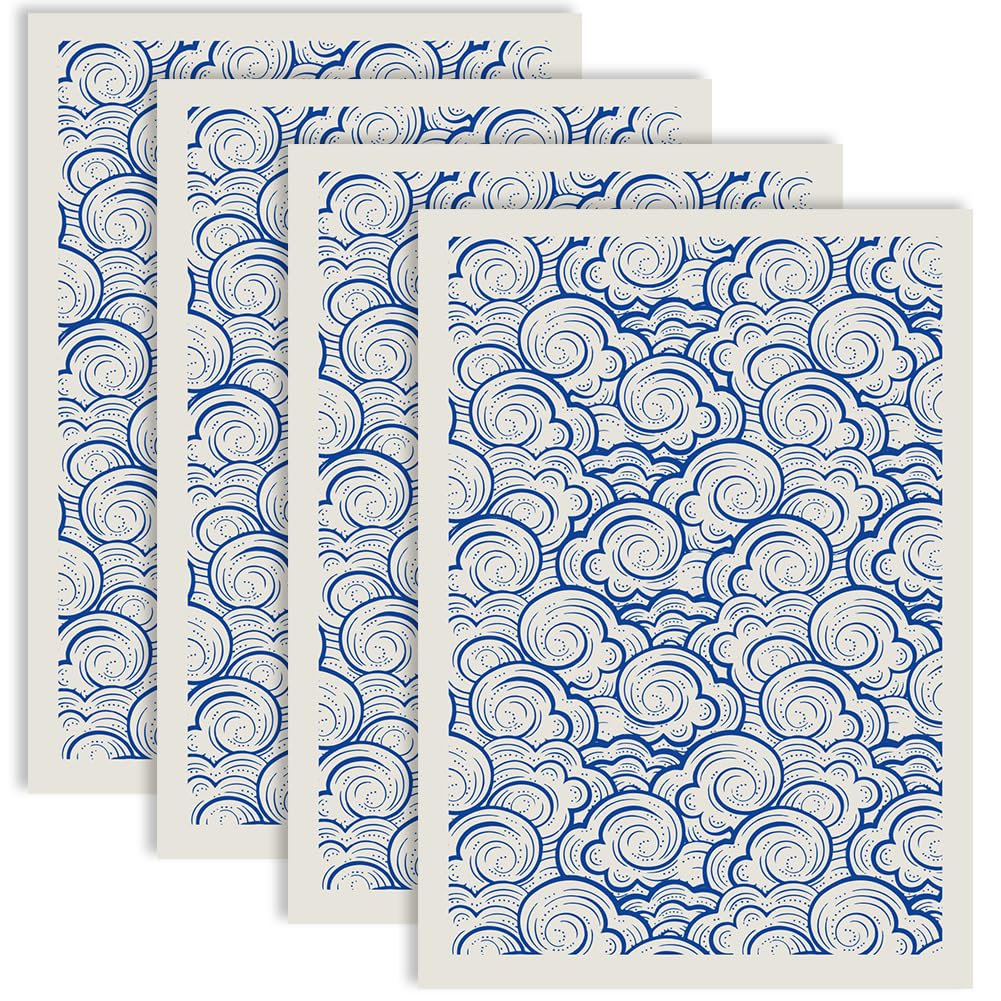 PRESSINART 4Pcs Pottery Underglaze Decals 21 x 15 Inch Ceramic Transfer Sheets Cloud Blue Pattern Papers Waterslide Glaze Sheets Stickers for Clay Ceramic Porcelain Enamel Decoration Handcrafted Gifts