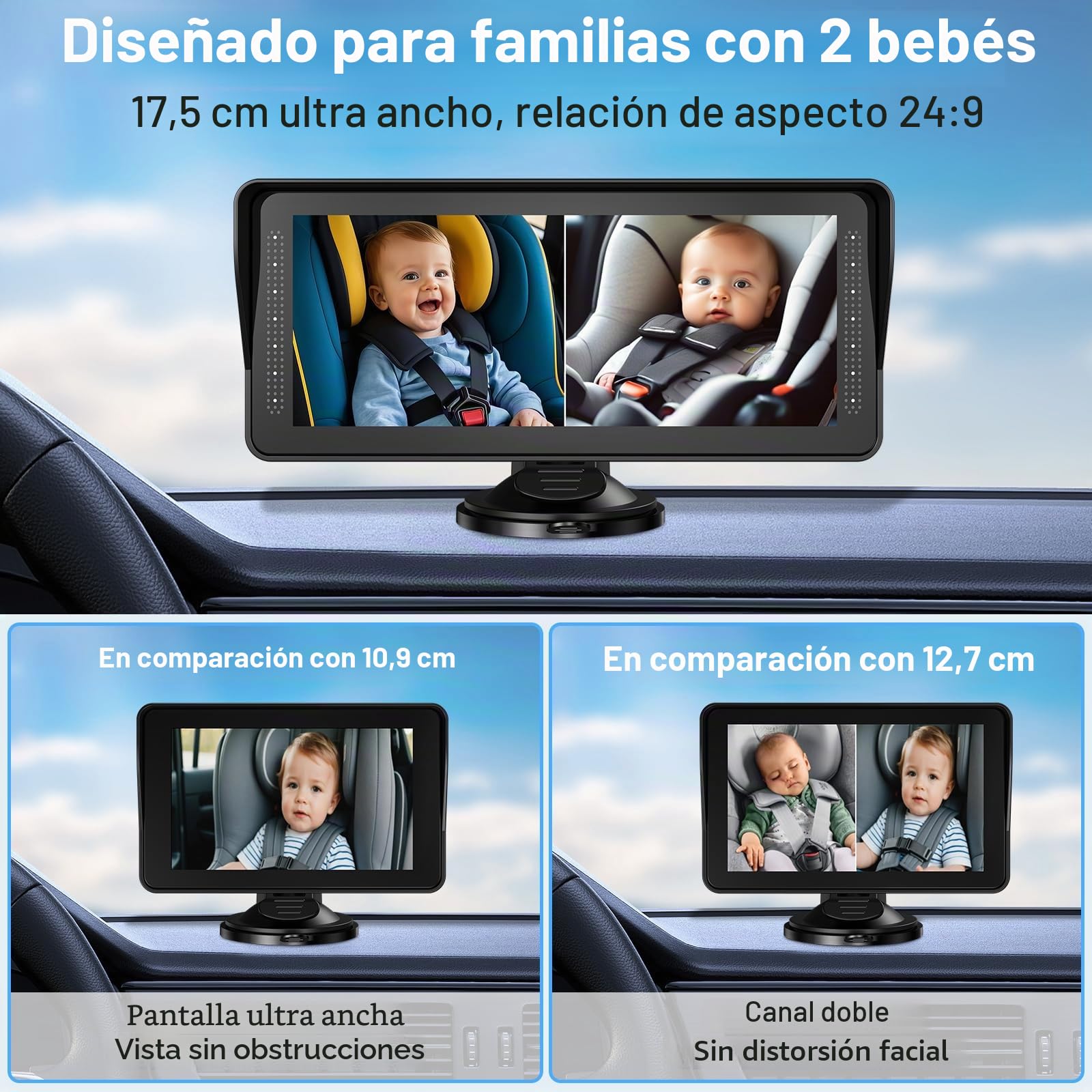 Cámara doble para coche de bebé para 2 niños, pantalla dividida de 6.9 pulgadas, pantalla HD ultra ancha con dos cámaras, fácil configuración, cámaras de visión nocturna giratorias, ideal para padres