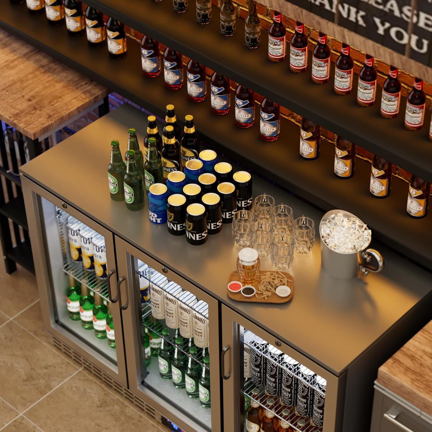 53 inch 11.7 cu.ft Back Bar Cooler Commercial Counter Height Beverage Refrigerator with 3 Glass Doors & LED Lighting, Stainless Steel Beer Fridge for Home Bar Restaurant, Sliver, 115V, ETL Approved