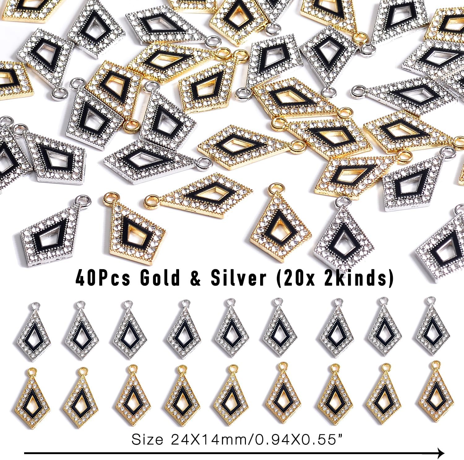 stino 40 Pieces Rhinestone Charms, Turtle Heart & Rhombus Jewelry Making Supplies, Silver & Gold Plated Crystal Pendants - Image 2