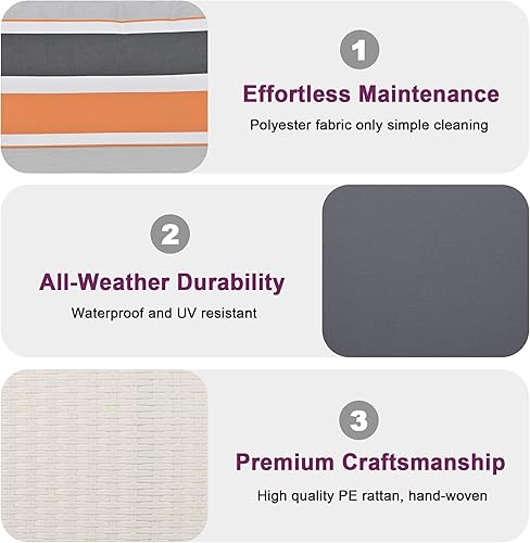 Miniatura 5 de Polibi Banco oscilante de ratán con almohada de cojín, 2 asientos para porche, para jardín, patio trasero, estanque, patio (mimbre marrón, cojín