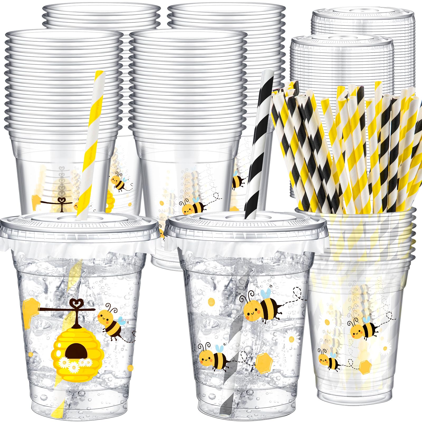 Teenyyou 50 Pcs 12 oz Disposable Plastic Cups with Straws, Lids and Leakproof Paper Clear Birthday Party Cups Supplies Birthday Table Decorations(Bee,Yellow)