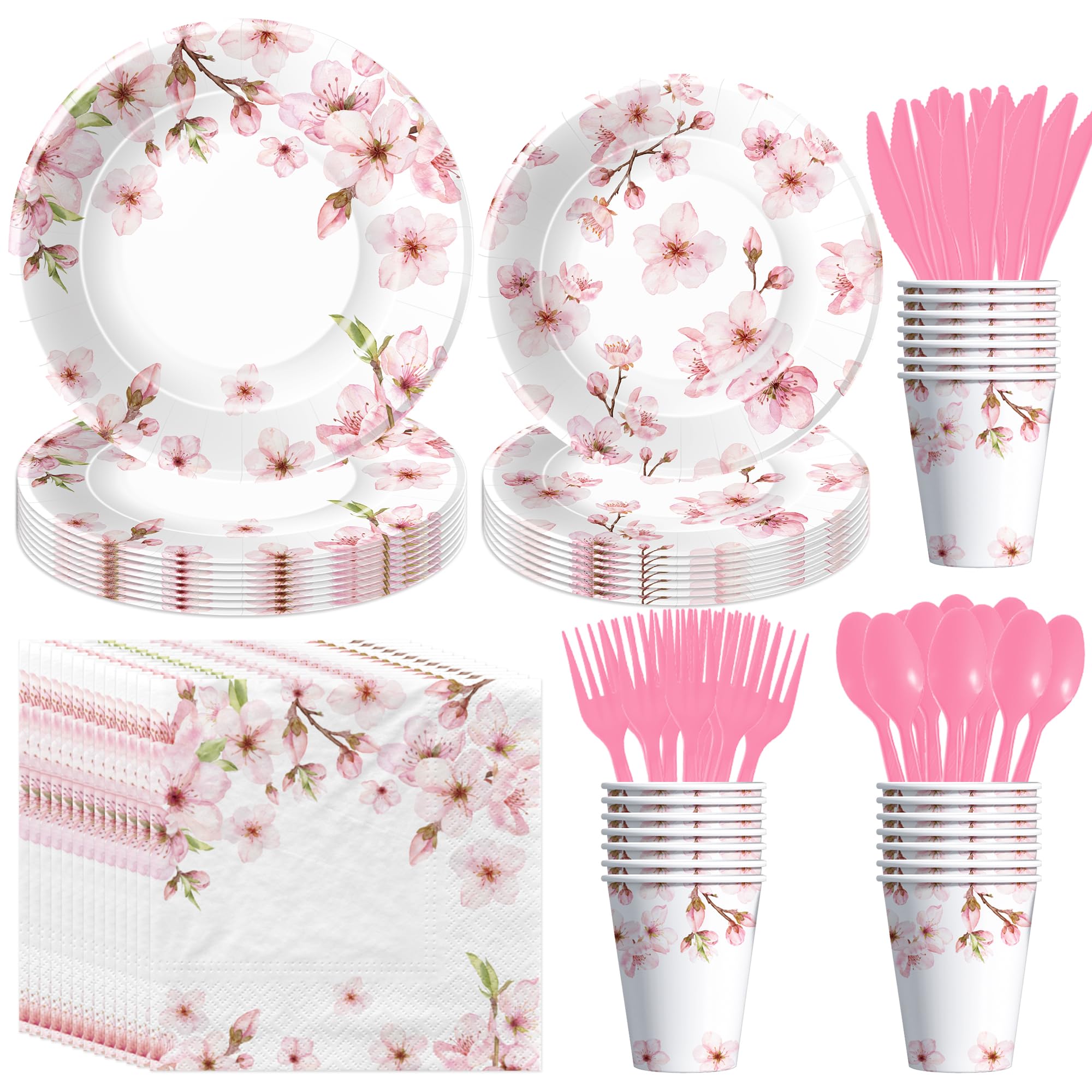 APOWBLS Cherry Blossom Flowers Party Decorations Tableware, Cherry Blossom Party Supplies For Birthday, Baby, Bridal Shower, Plate, Cup, Napkin, Cutlery, Spring Floral Table Decorations, Serves 24