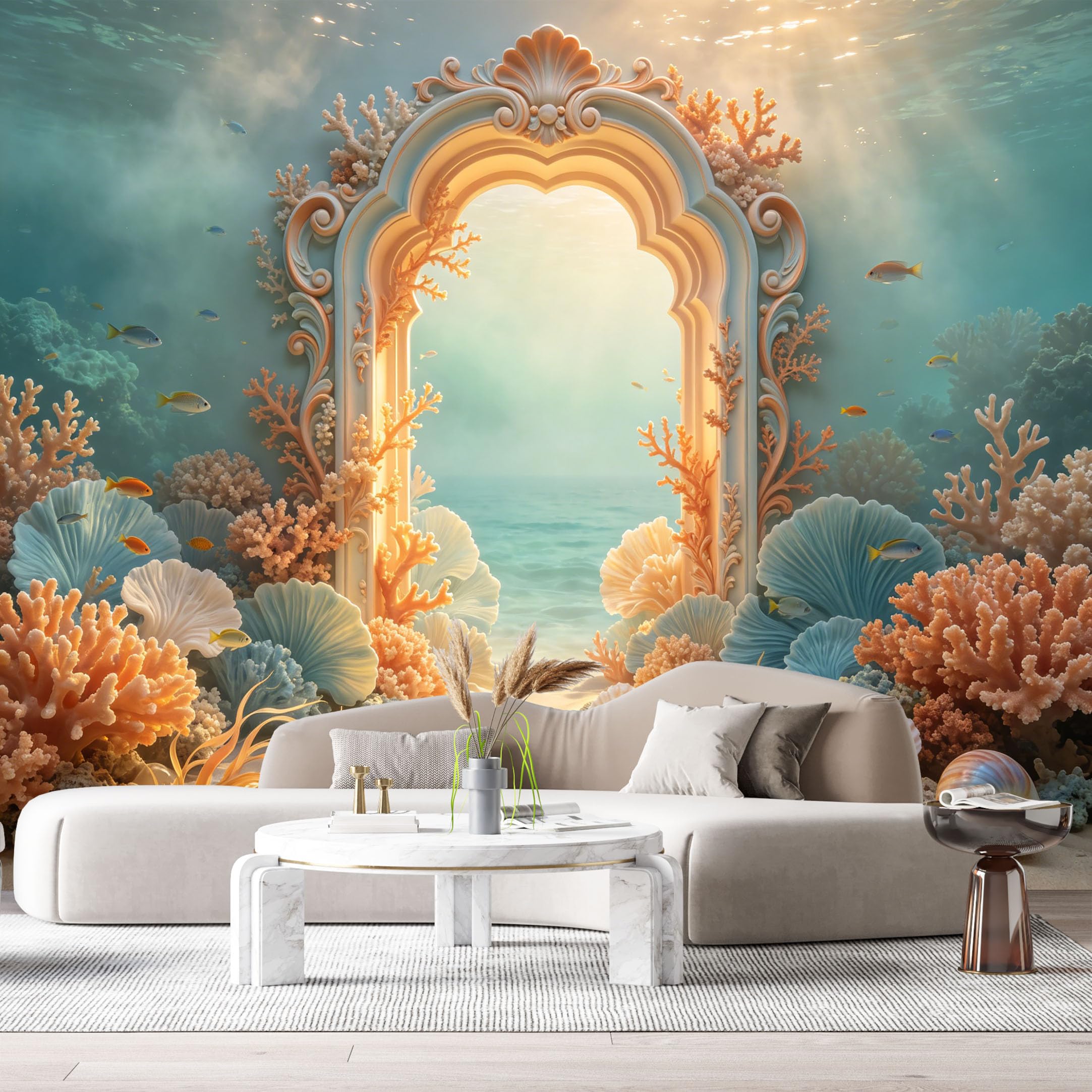 Custom Size Wall Murals Ocean Marine Coral Reef Arch 3D Trompe L'Oeil SelfAdhesiveWall Fabric Removable Wallpaper Wall Decor for Living Room Bedroom Bathroom