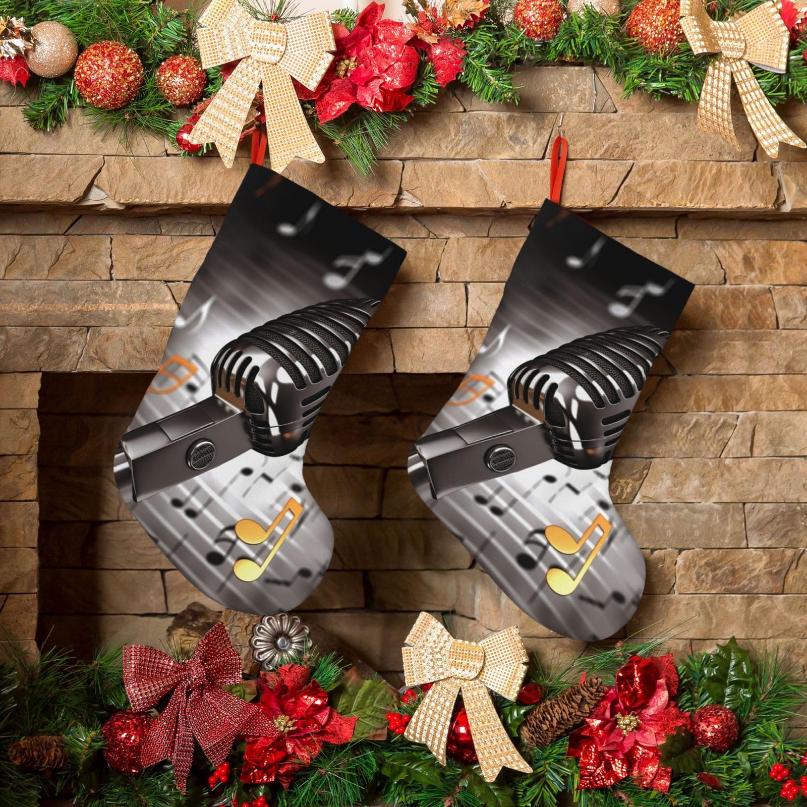KLOPH Christmas Stockings 18" Personalized Xmas Stocking Microphone with Music Notes Decoration Stocking Hanging Fireplace Stocking for Holiday Xmas Tree Christmas Fireplace Decor