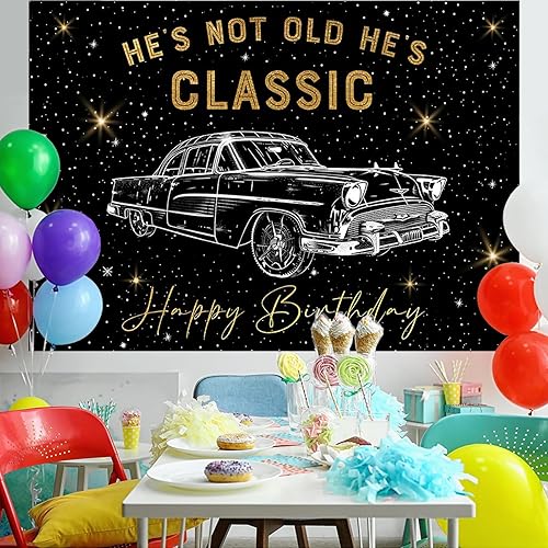 Miniatura 3 de Aperturee Telón de fondo retro para automóvil de 7 x 5 pies para fiesta de cumpleaños, Hes Not Old Hes Classic 1950s Vintage Car Funny Classic Car
