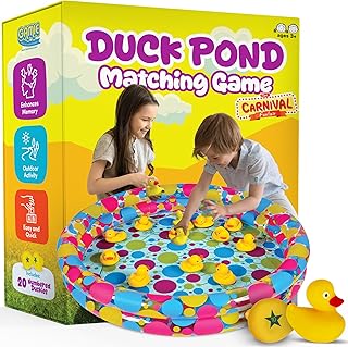 Gamie Duck Pond Matching Carnival Game for Kids, 36" x 6" Inflatable Pool & 20 Plastic Ducks with Numbers, Water Outdoor Game for Kids, Fun Memory Game for Backyard, Birthday Party Field Day Games