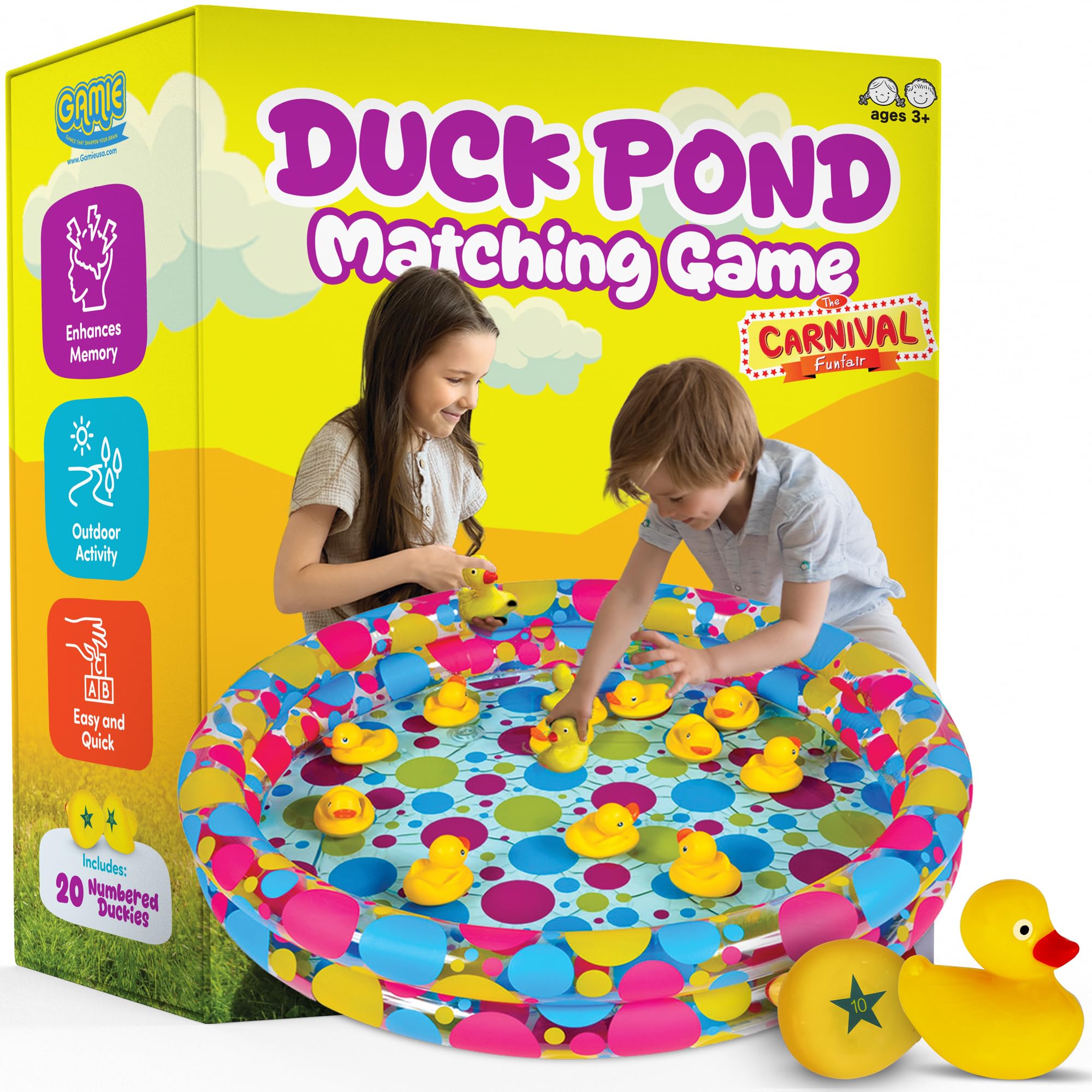 Gamie Duck Pond Matching Game for Kids Includes 20 Ducks with Numbers & Shapes and 3 x 6 Inflatable Pool - Memory Game - Water Outdoor Game for Children, Preschoolers, Birthday Party, Carnival
