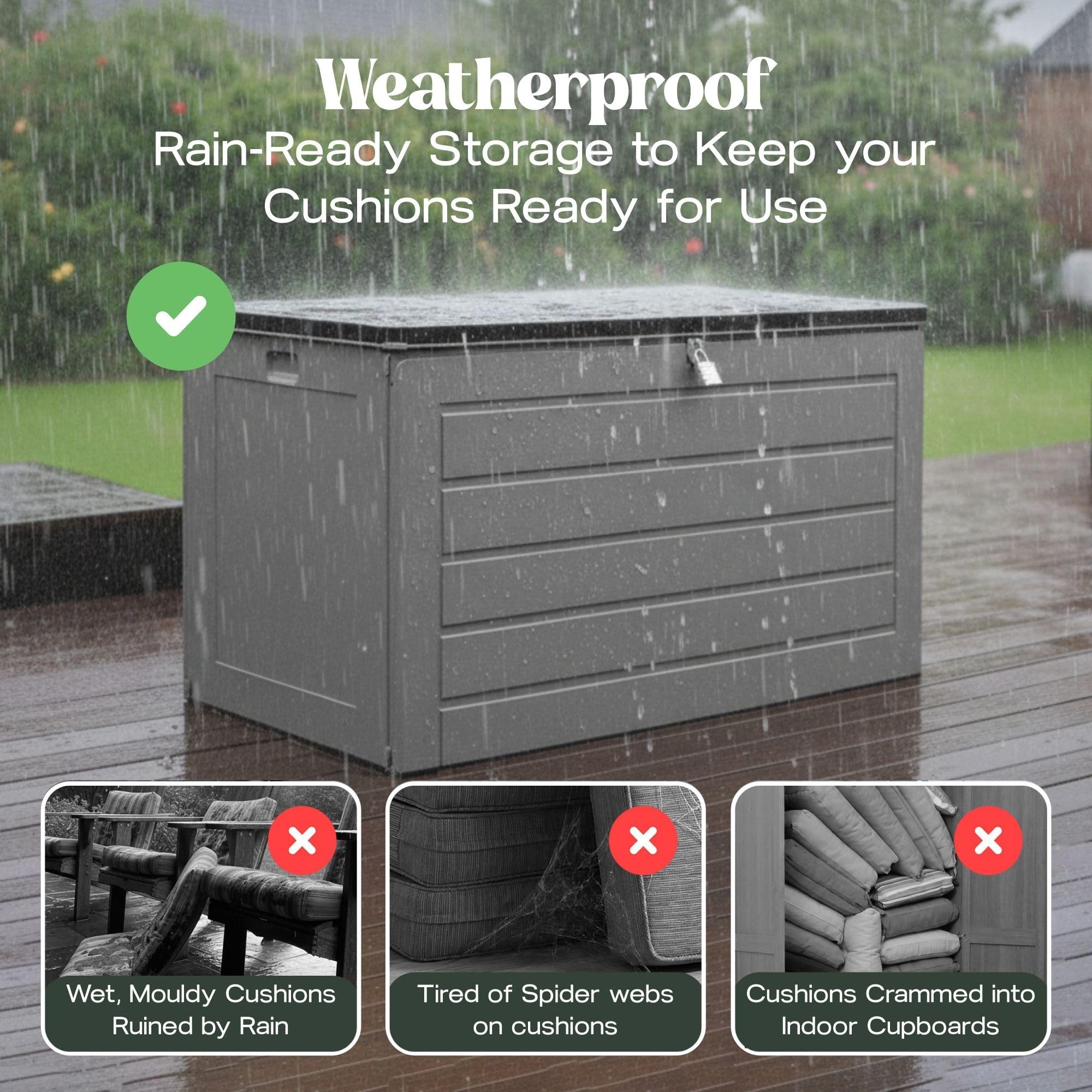Olsen & Smith 680L XL Outdoor Garden Storage Box, Weatherproof Wood Effect Outdoor Storage Box, Lockable Large Storage Box with Lid, Padlock, Seat, Storage Boxes with Lids, Anthracite, 146 x 71 x 75cm — view 5