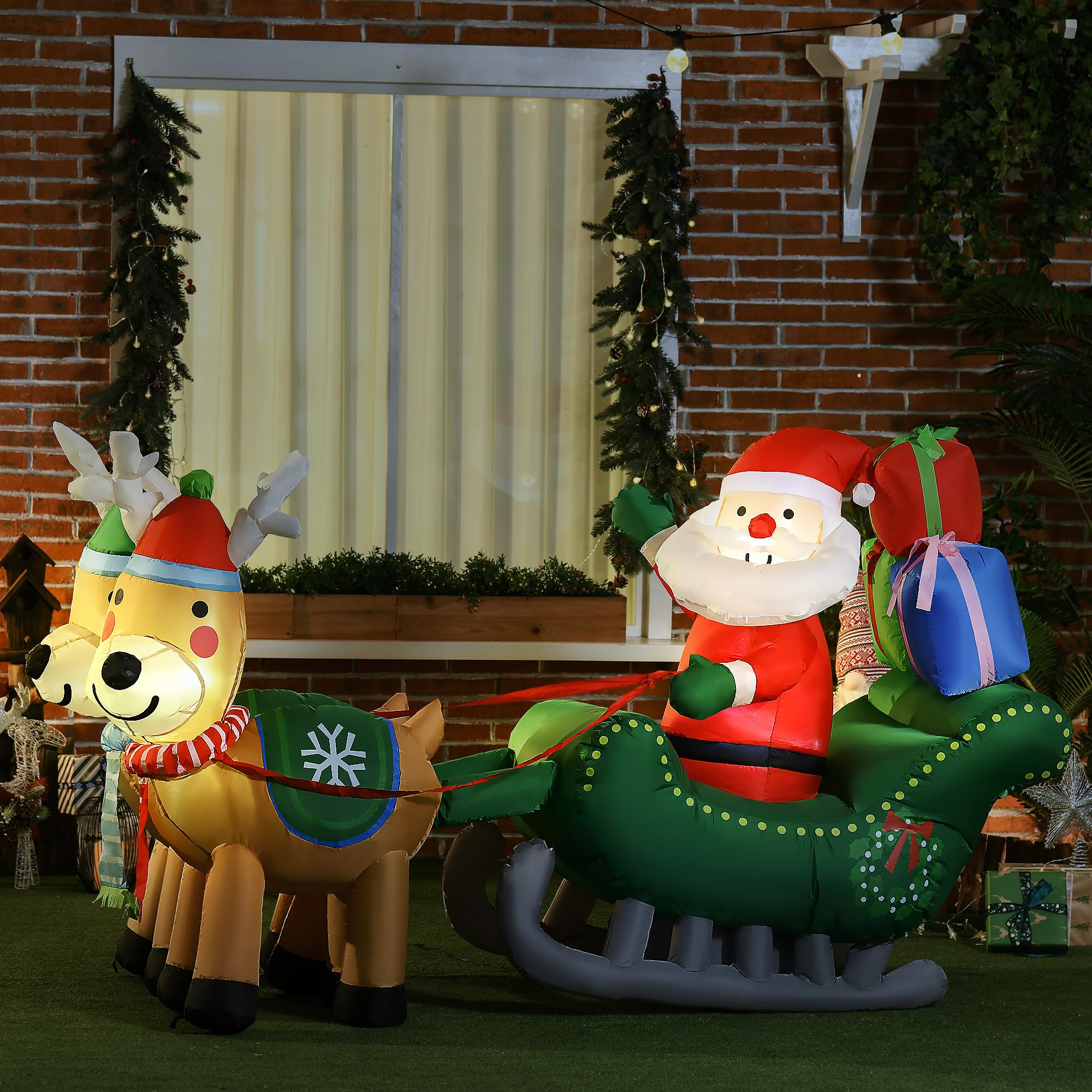 HOMCOM Decoración Inflable de Navidad Papá Noel con Trineo 210x70x125 cm | 2 Renos, Decoración Navideña, con 4 Luces LED, para Jardín Patio