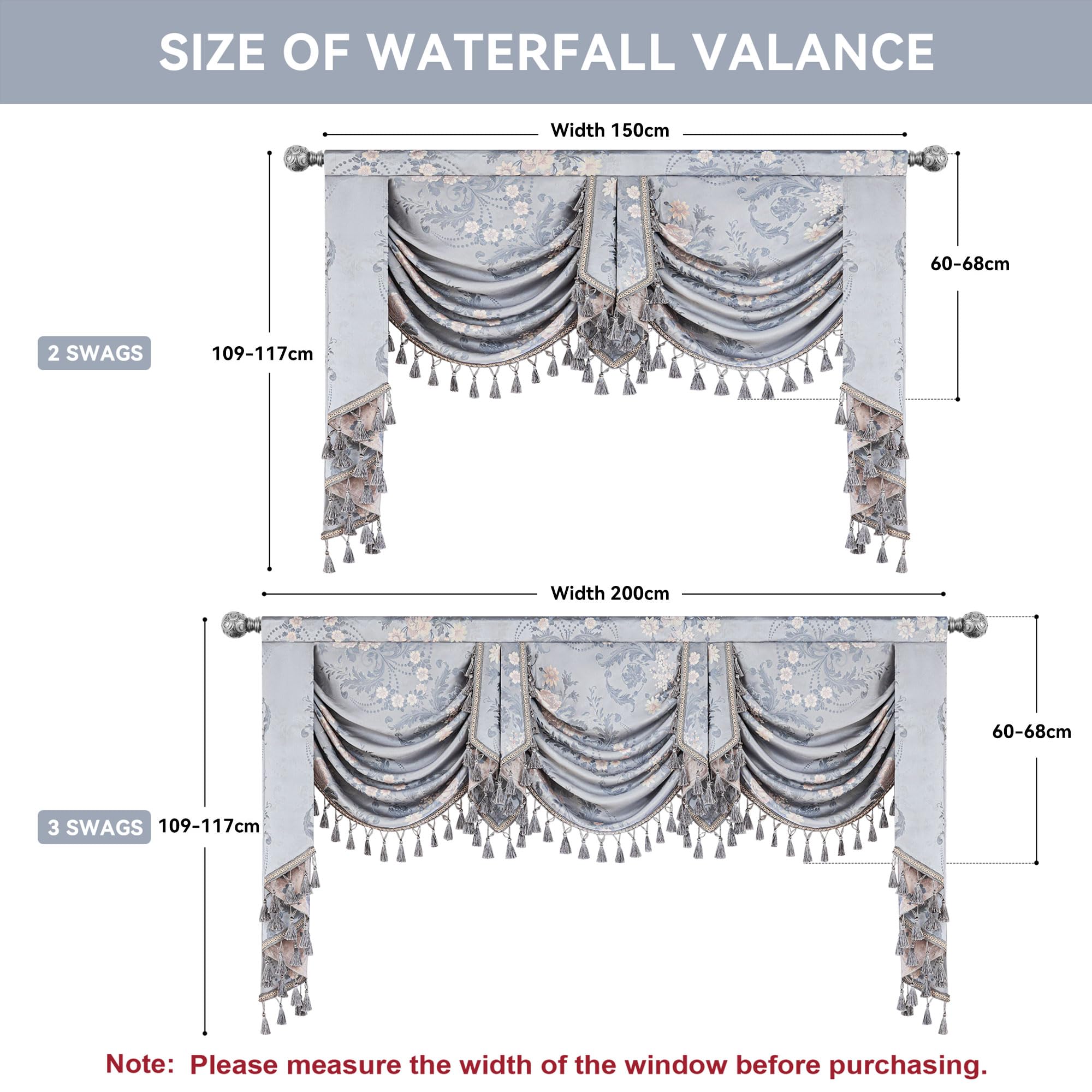 TOPLUXE Swag Valance for Windows Jacquard Waterfall Short Curtain with Tassels for Bedroom Living Room Kitchen Decoration Rod Pocket (Width 150cm - Image 2