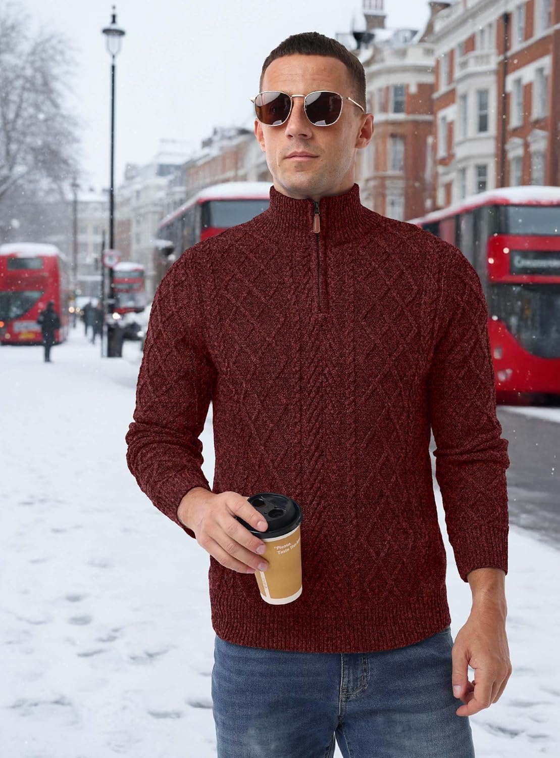 Askdeer Men's Quarter Zip Sweater Mock Neck Pullover Sweater Classic Casual Fisherman Sweaters - Image 3