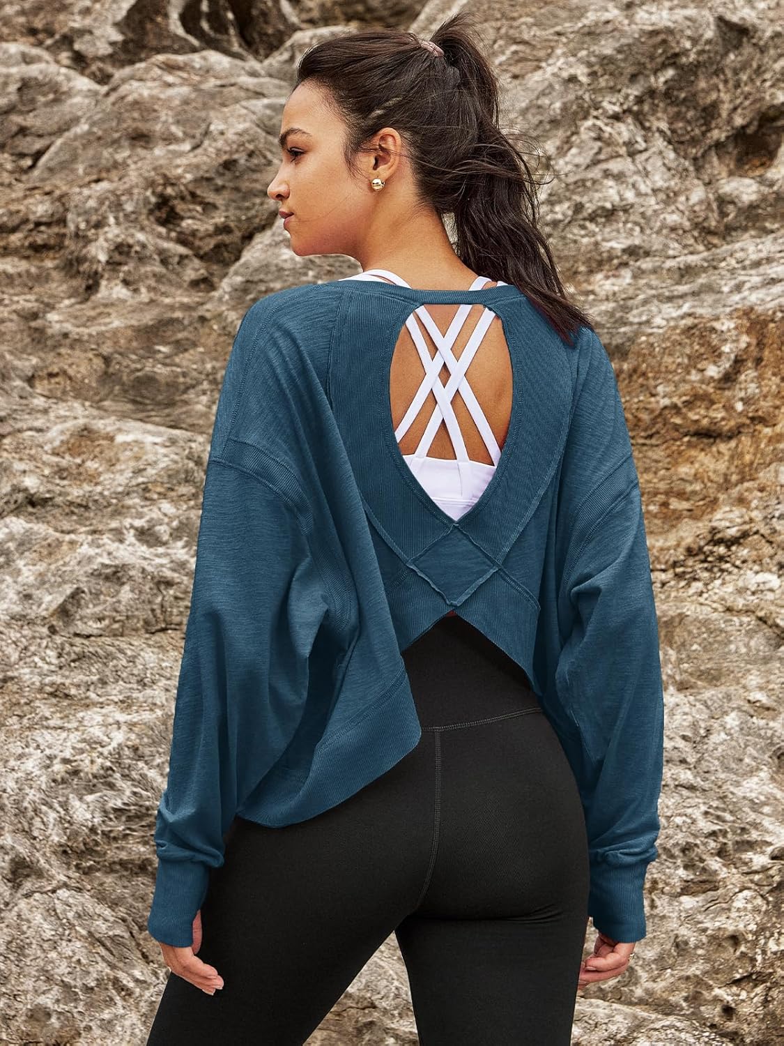 Size M....Panadila Womens Open Back Workout Top Long Sleeve Athletic Shirts Casual Crop Running Tee Y2k Yoga