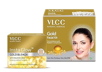 VLCC Gold Facial Kit, Bright & Glowing Skin - 60g | Pamper your Skin for a Luminous Glow & VLCC Insta Glow Gold Bleach - 30g | With Colloidal Glow For Glowing Fairness.